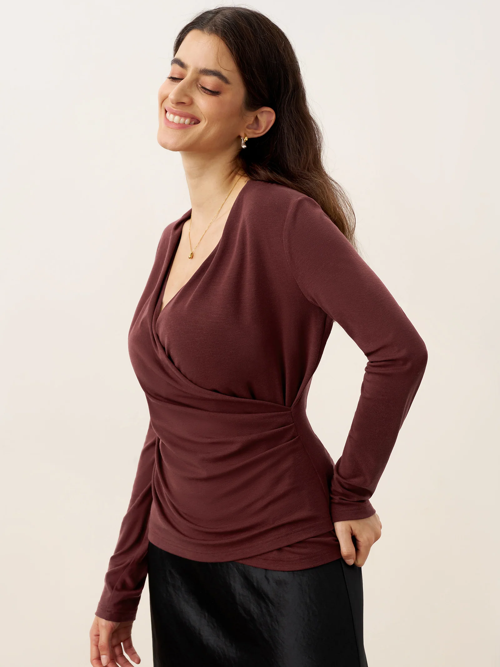 Wool Lyocell Asymmetric Ruched Overlap V-Neck Top TILLY - Image 10