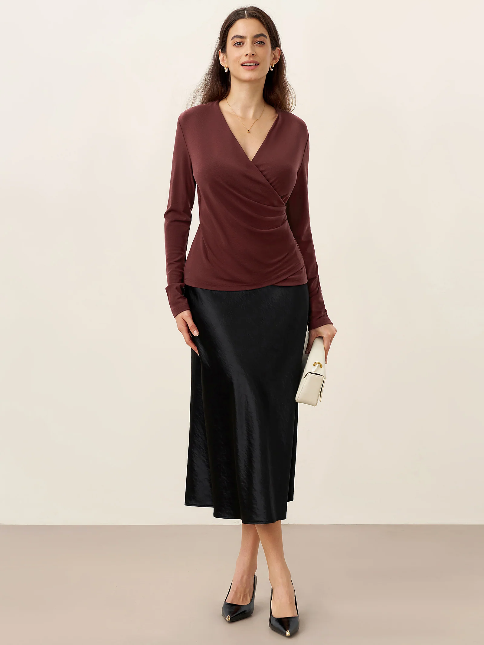 Wool Lyocell Asymmetric Ruched Overlap V-Neck Top TILLY - Image 12