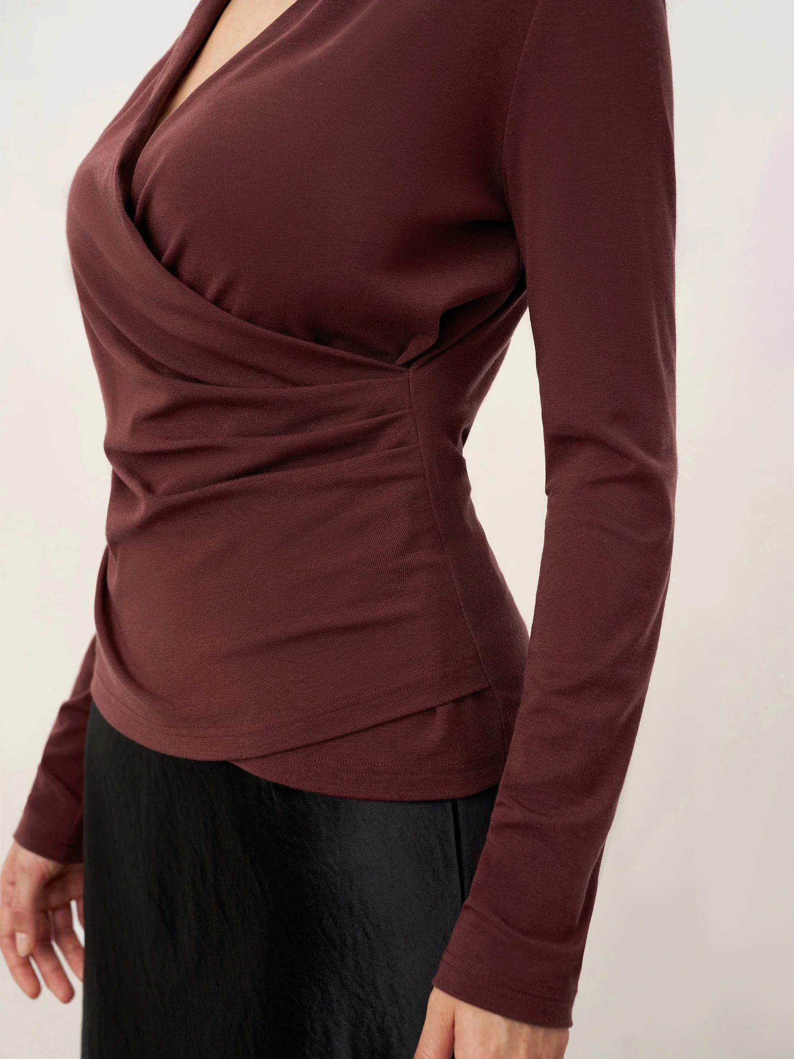 Wool Lyocell Asymmetric Ruched Overlap V-Neck Top TILLY - Image 14