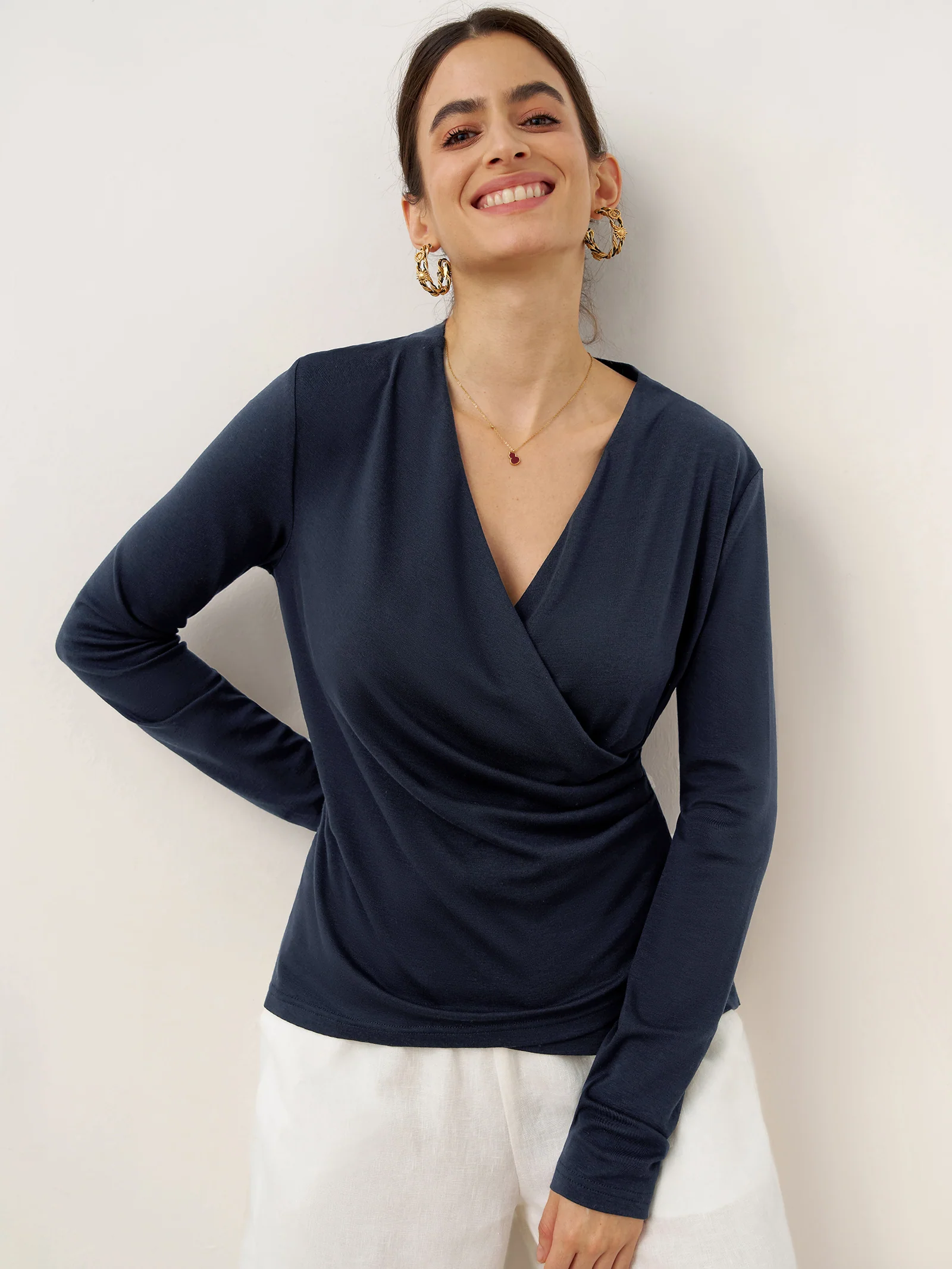 Wool Lyocell Asymmetric Ruched Overlap V-Neck Top TILLY - Image 2
