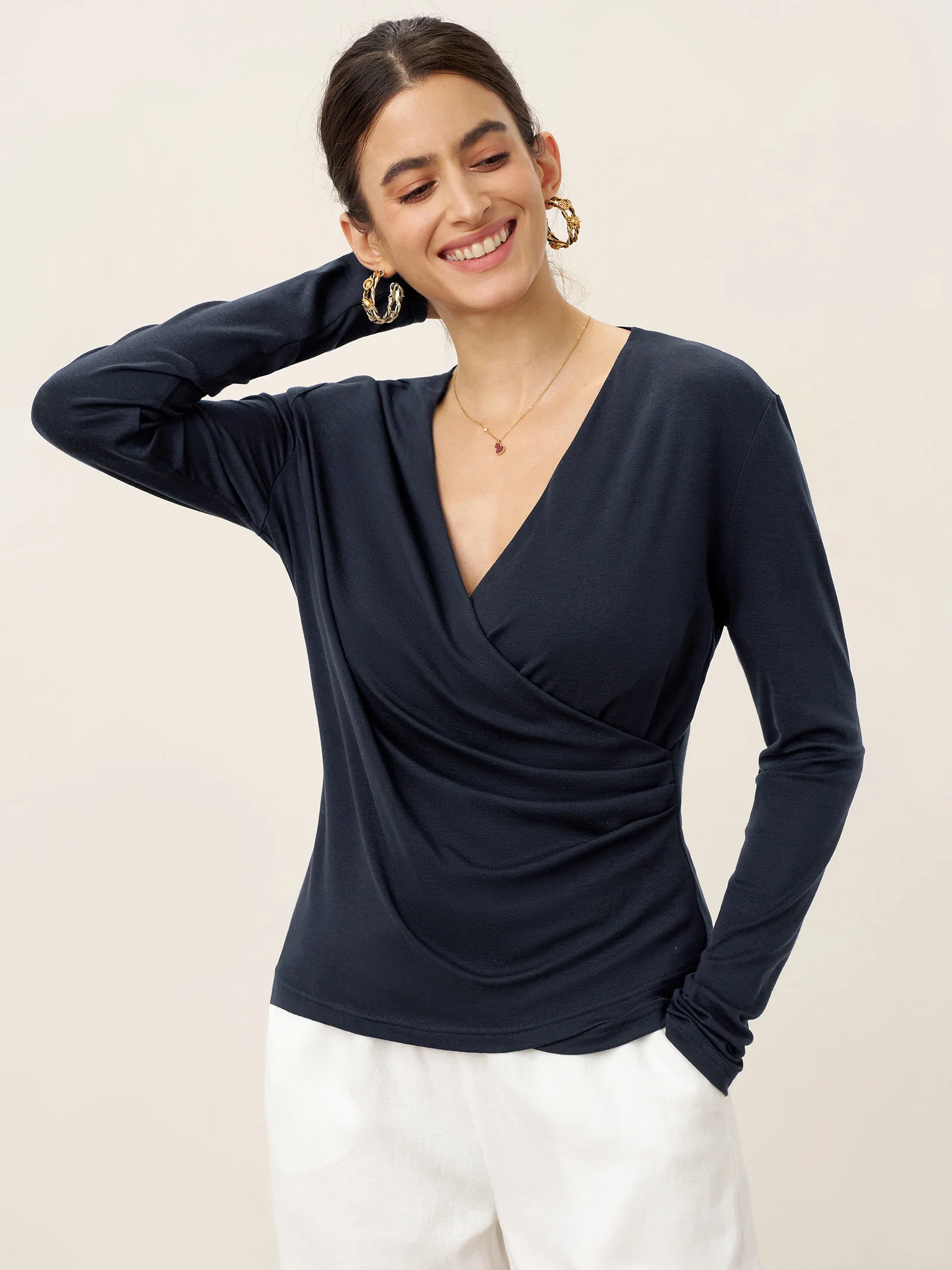 Wool Lyocell Asymmetric Ruched Overlap V-Neck Top TILLY - Image 3