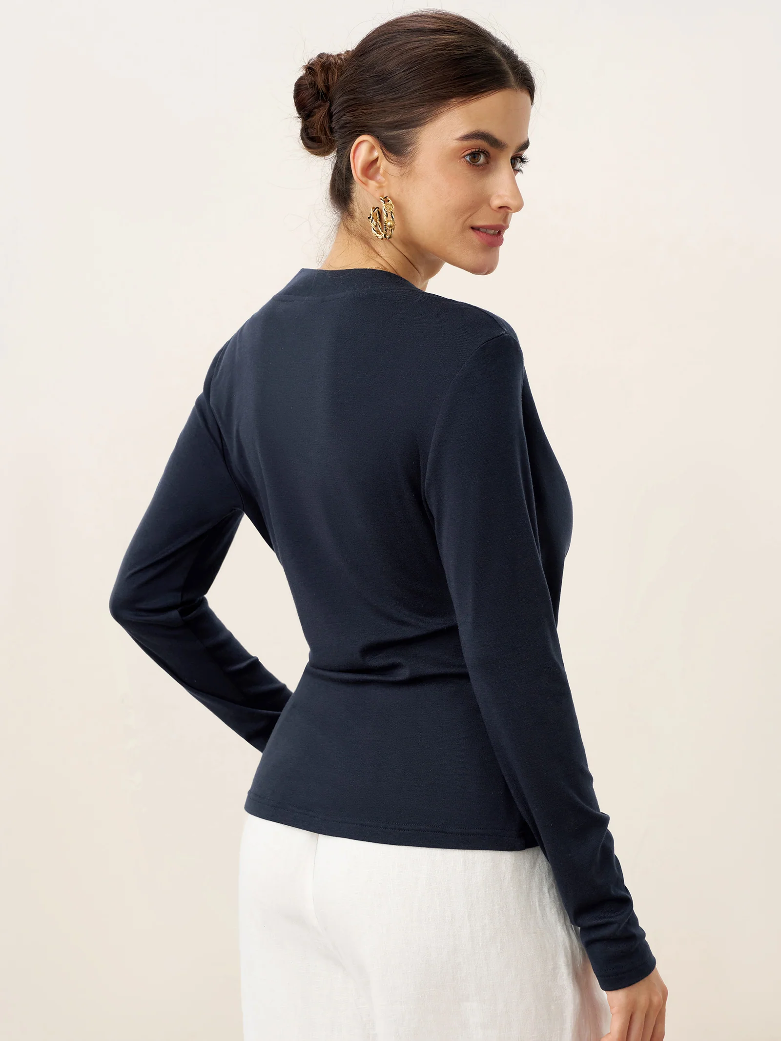 Wool Lyocell Asymmetric Ruched Overlap V-Neck Top TILLY - Image 4