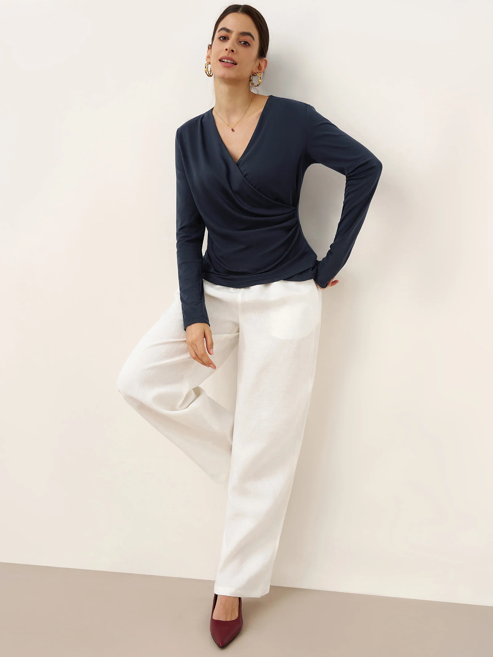 Wool Lyocell Asymmetric Ruched Overlap V-Neck Top TILLY - Image 5