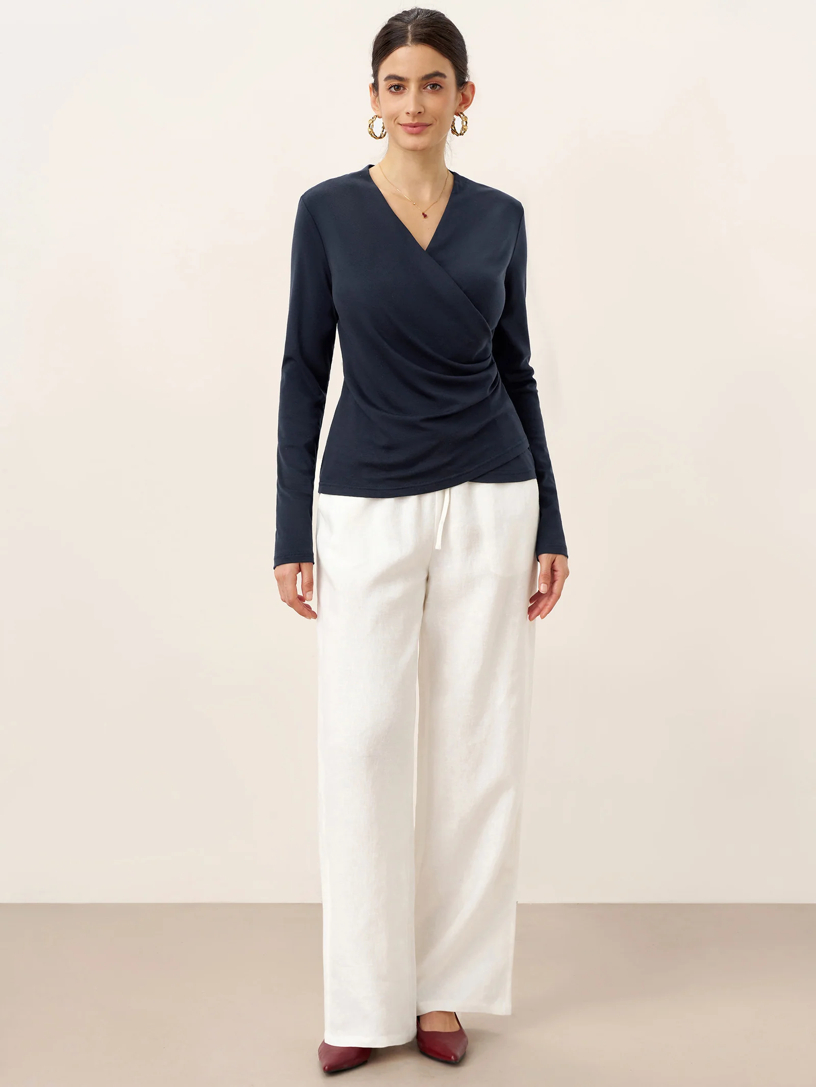 Wool Lyocell Asymmetric Ruched Overlap V-Neck Top TILLY - Image 6