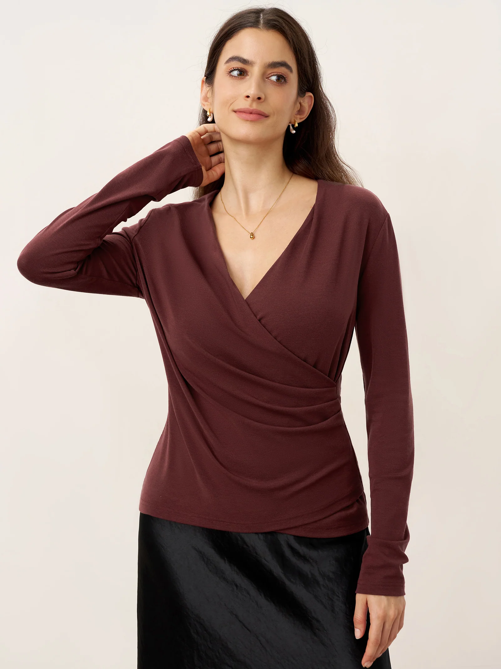 Wool Lyocell Asymmetric Ruched Overlap V-Neck Top TILLY - Image 8