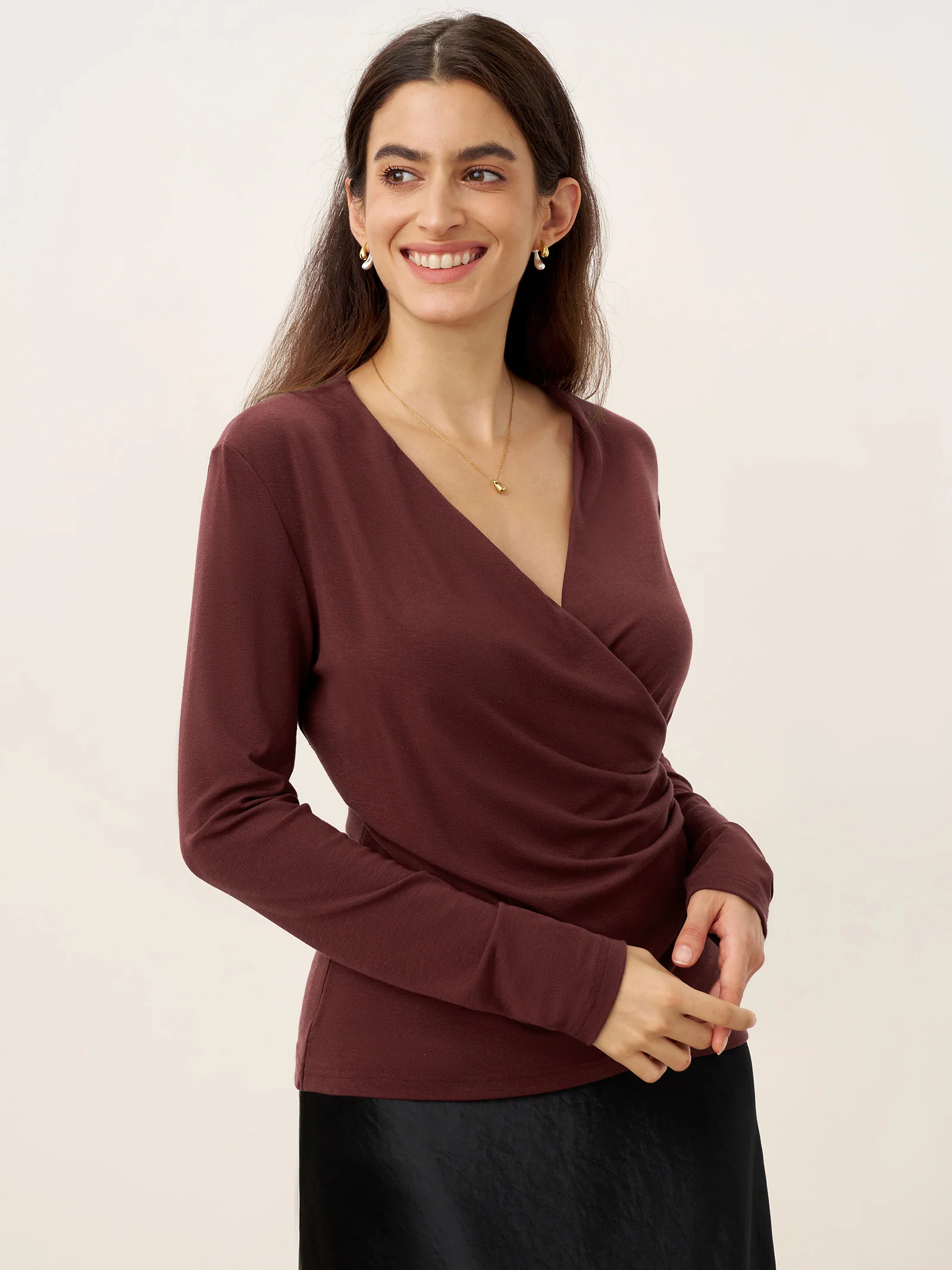 Wool Lyocell Asymmetric Ruched Overlap V-Neck Top TILLY - Image 9