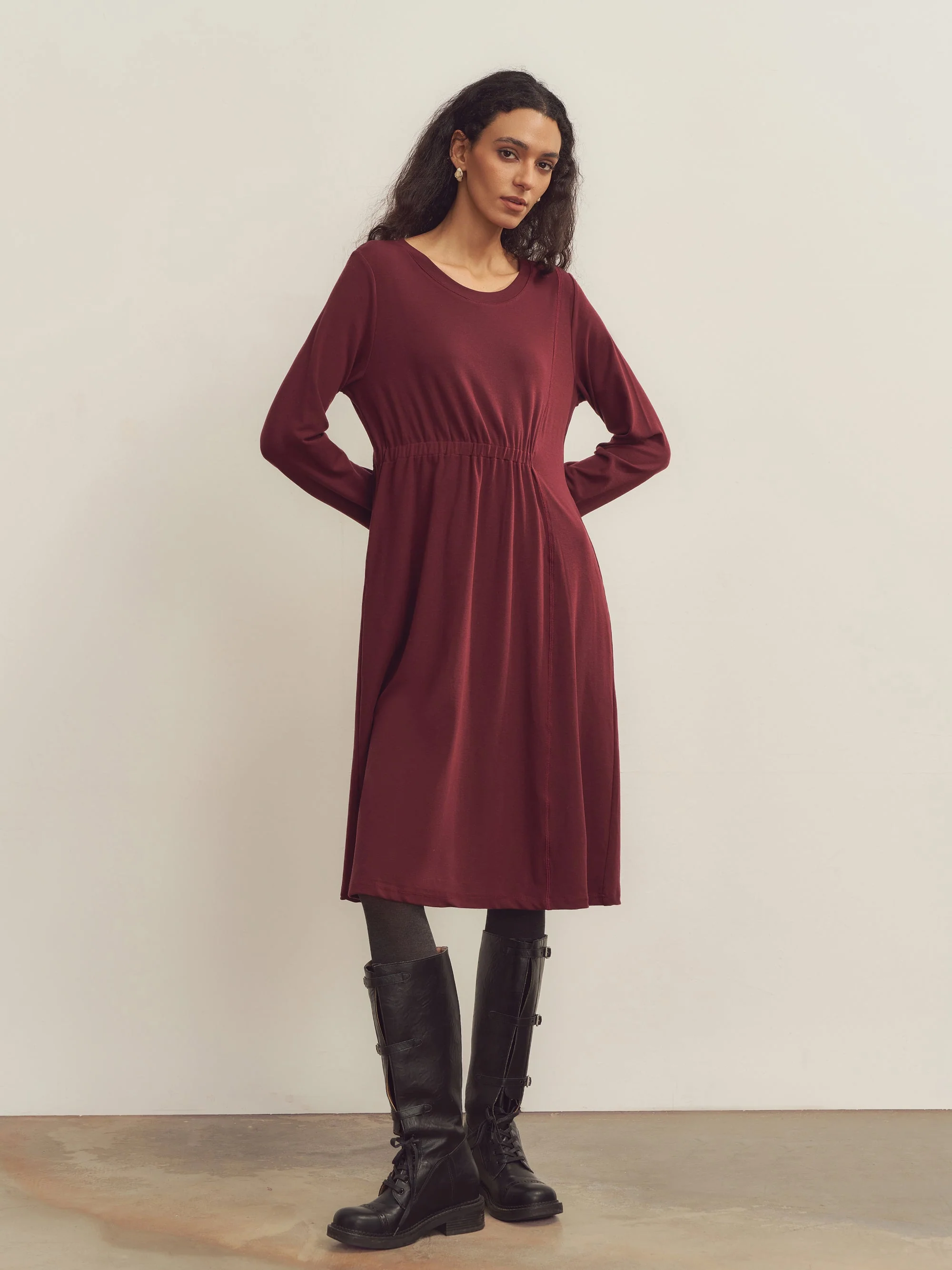 Merino Wool Waist Shirring-Detail Dress