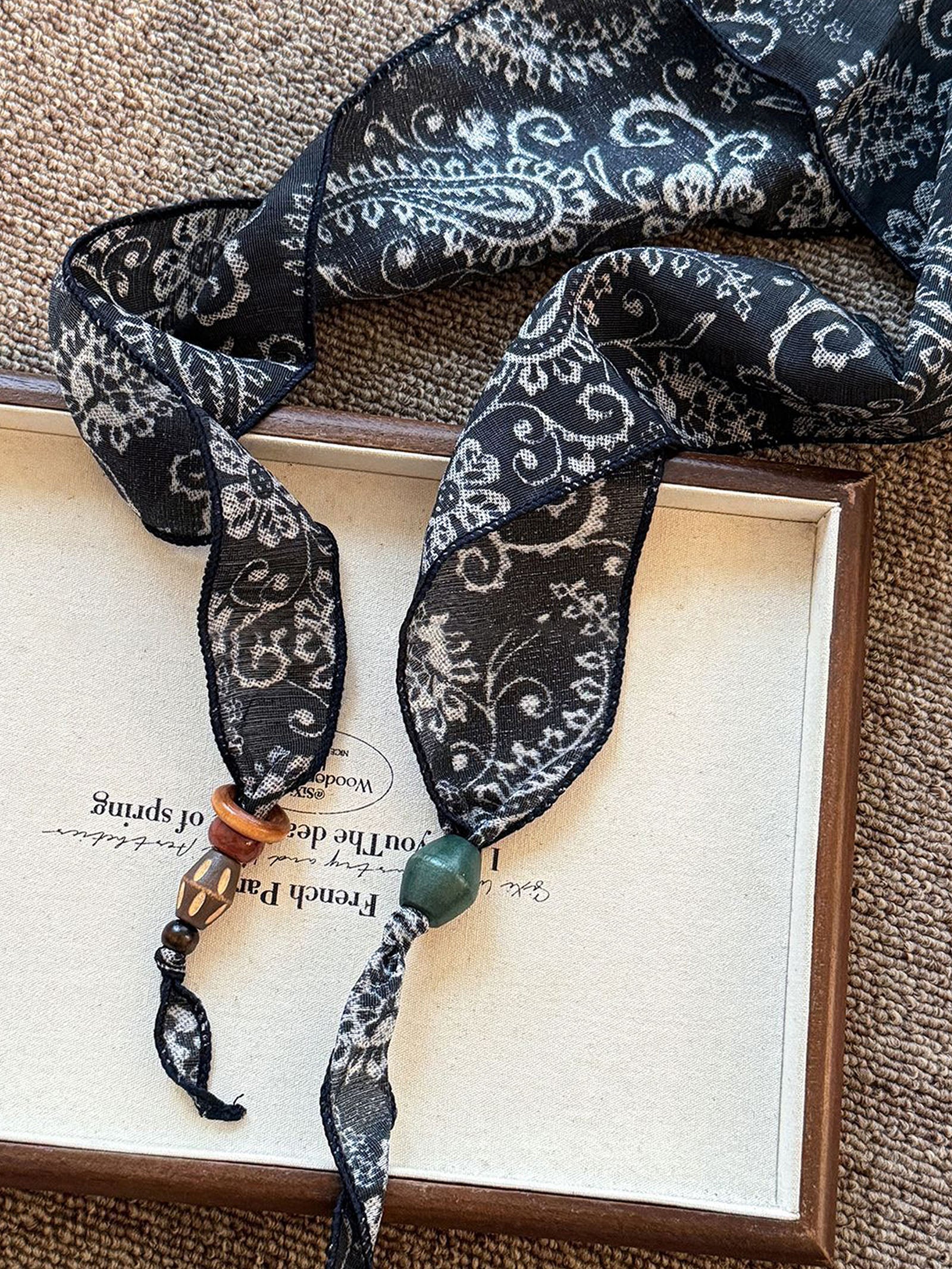 Multi-Functional Floral Satin Scarf With Jade Bead Accents - Image 2