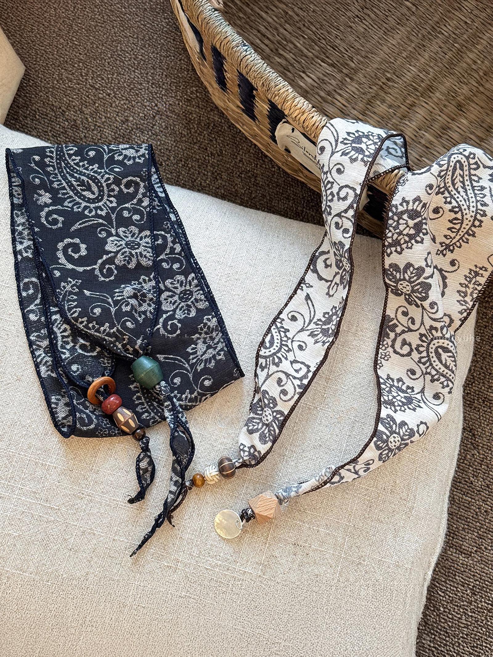Multi-Functional Floral Satin Scarf With Jade Bead Accents - Image 4