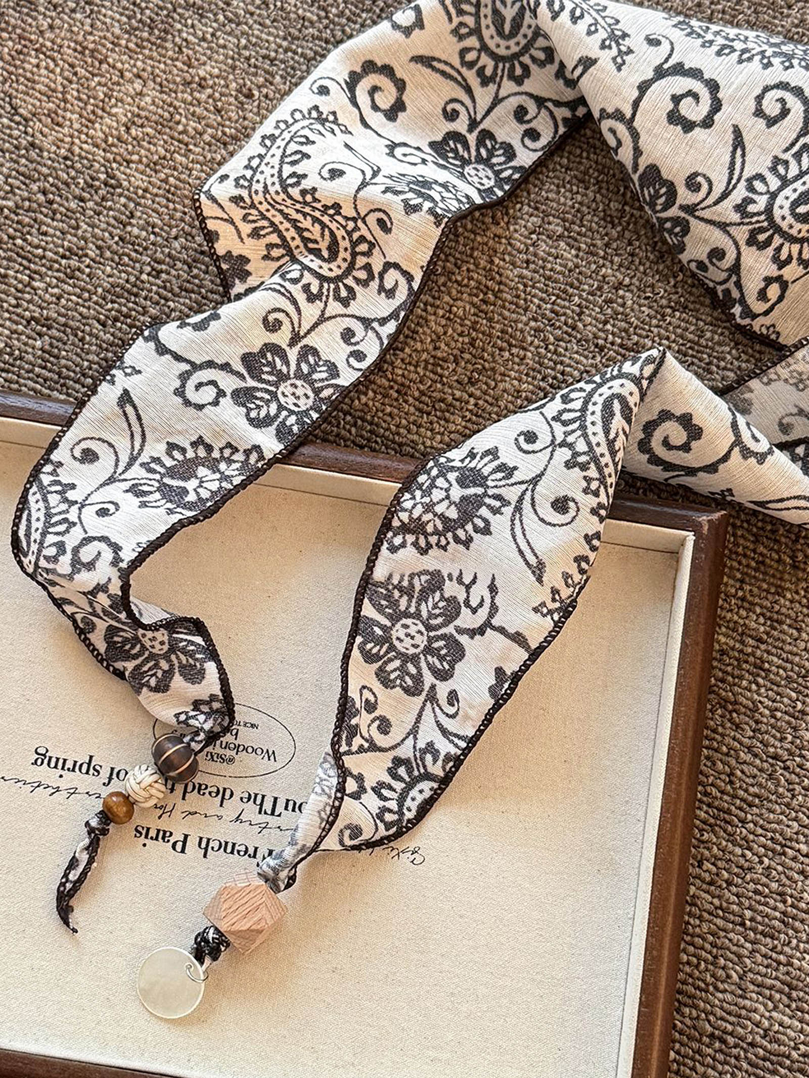 Multi-Functional Floral Satin Scarf With Jade Bead Accents - Image 6