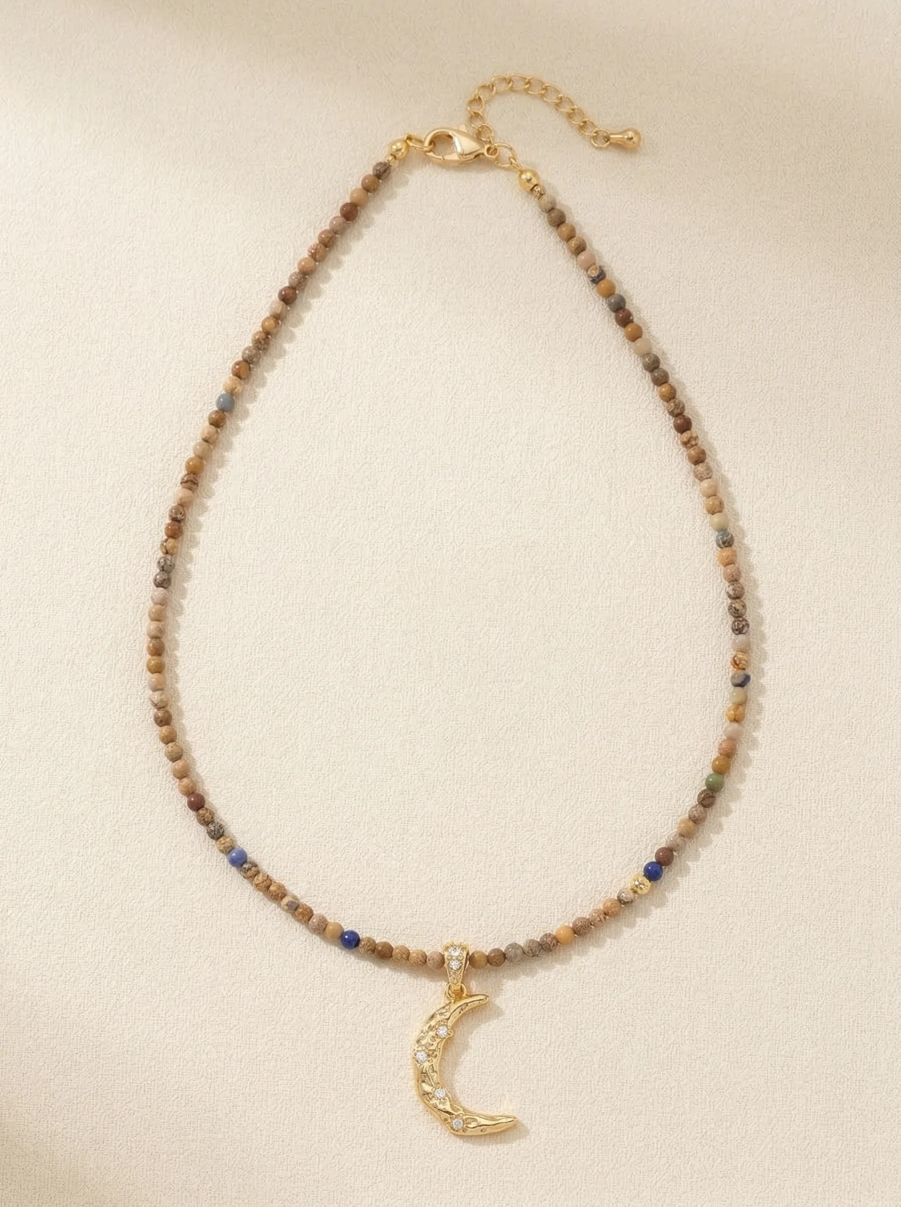 Handmade Natural Stone Beaded Necklace with Moon Pendant