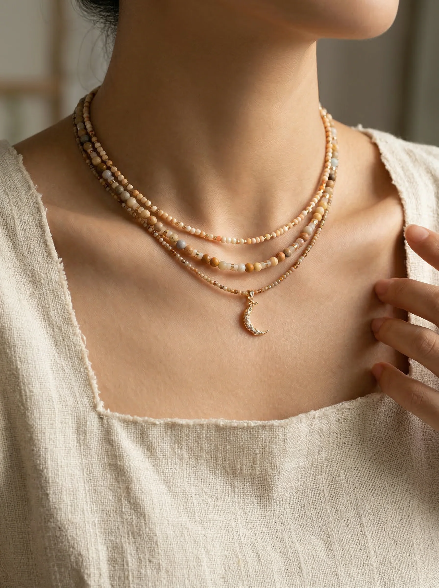 Handmade Natural Stone Beaded Necklace with Moon Pendant - Image 2