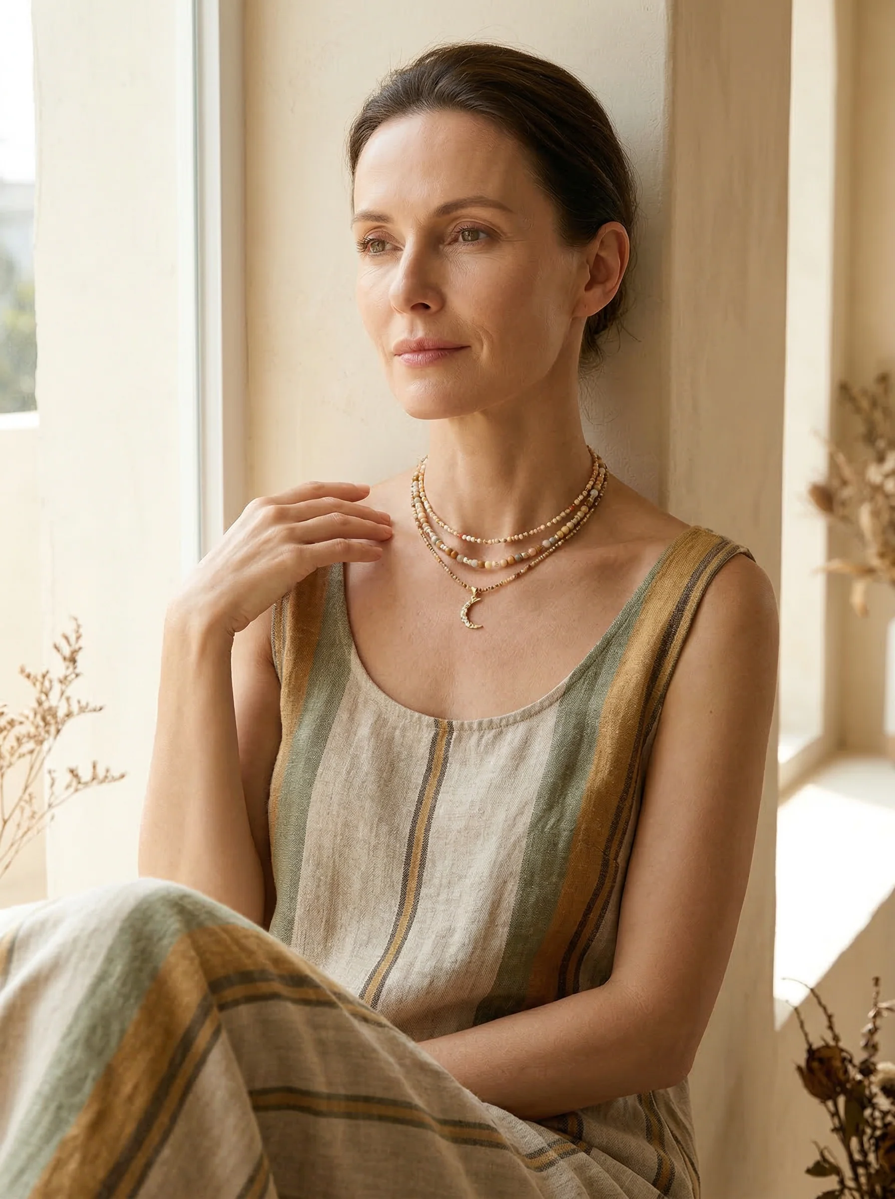 Handmade Natural Stone Beaded Necklace with Moon Pendant - Image 3