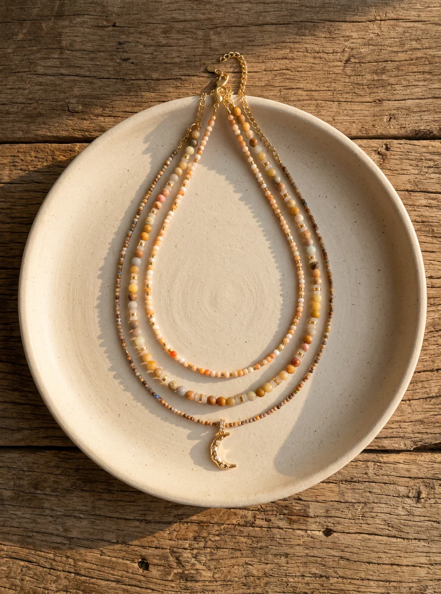 Handmade Natural Stone Beaded Necklace with Moon Pendant - Image 4