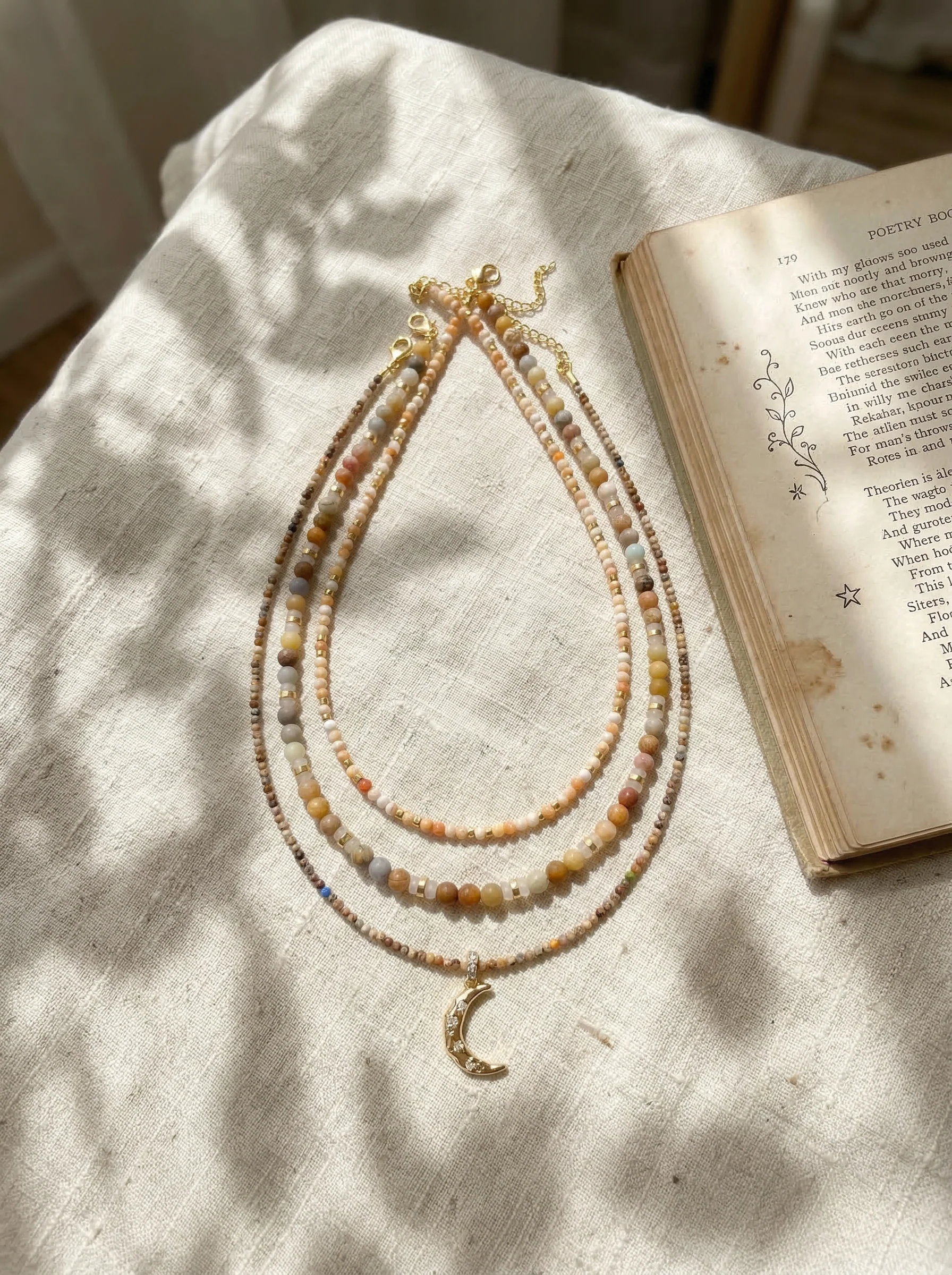 Handmade Natural Stone Beaded Necklace with Moon Pendant - Image 6