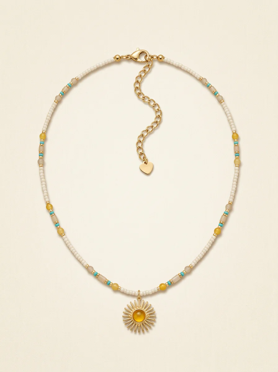 Natural Stone Beaded Necklace with Sun Pendant