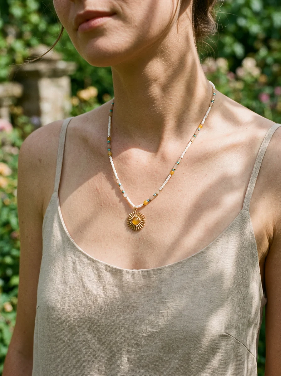 Natural Stone Beaded Necklace with Sun Pendant - Image 2