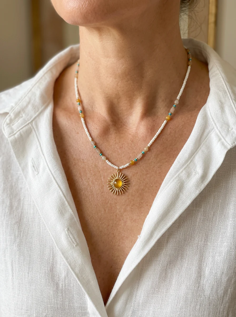Natural Stone Beaded Necklace with Sun Pendant - Image 3