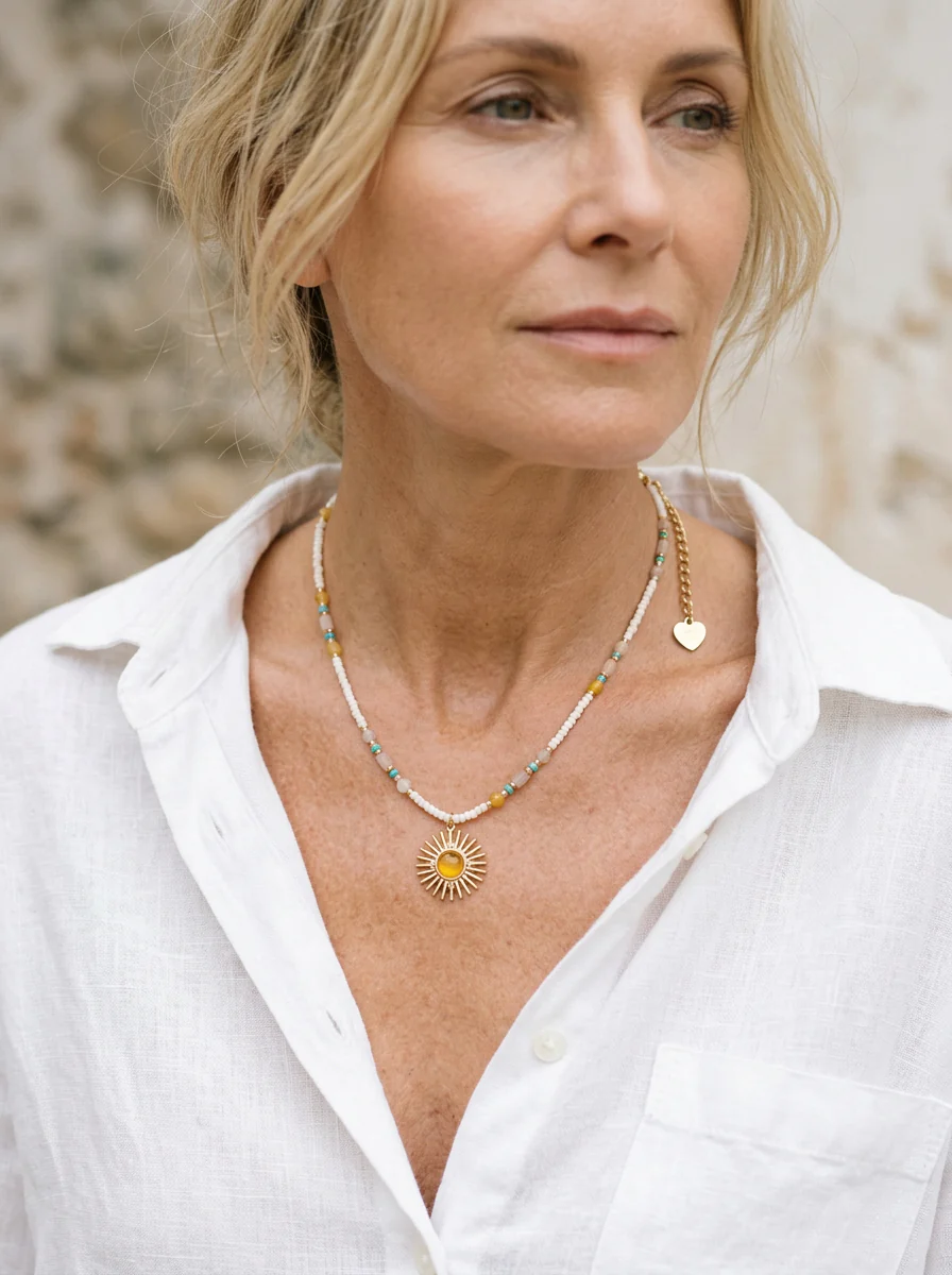 Natural Stone Beaded Necklace with Sun Pendant - Image 4