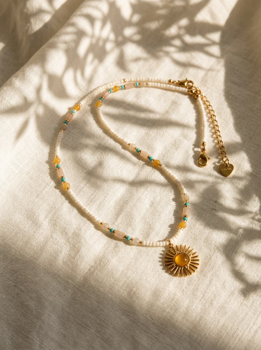 Natural Stone Beaded Necklace with Sun Pendant - Image 5