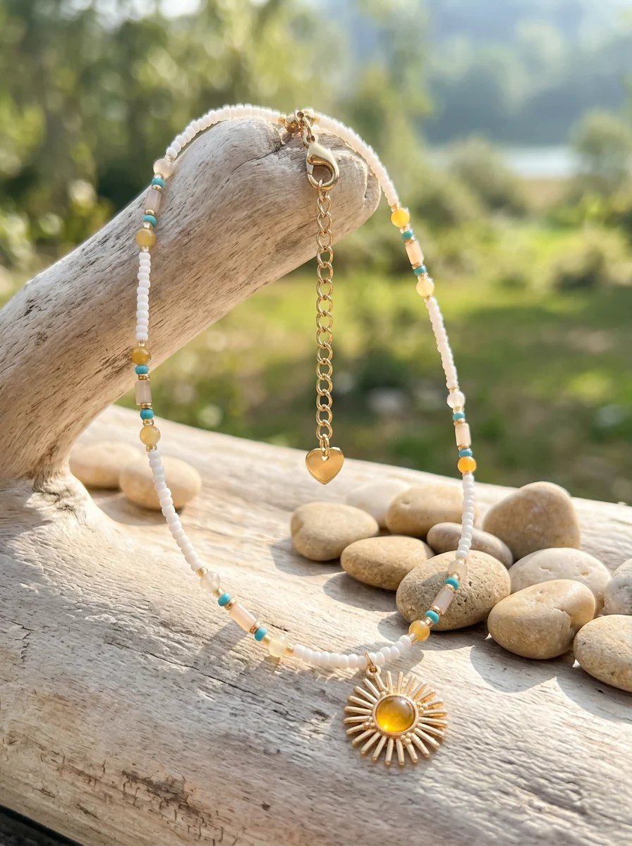 Natural Stone Beaded Necklace with Sun Pendant - Image 6