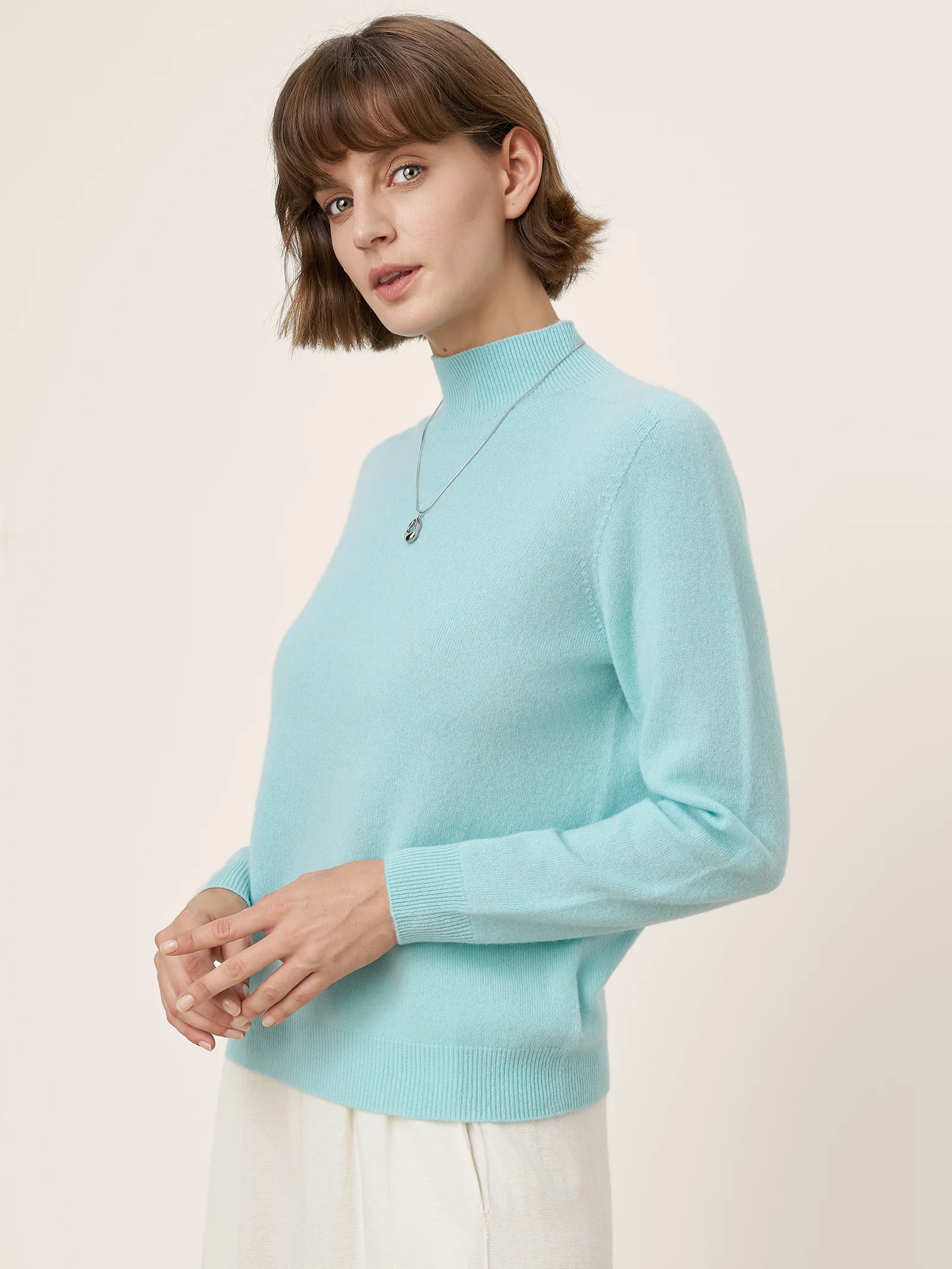 Premium Cashmere Blend Hand-Finished Seamless Mock Neck Ribbed Sweater RHEA - Image 3