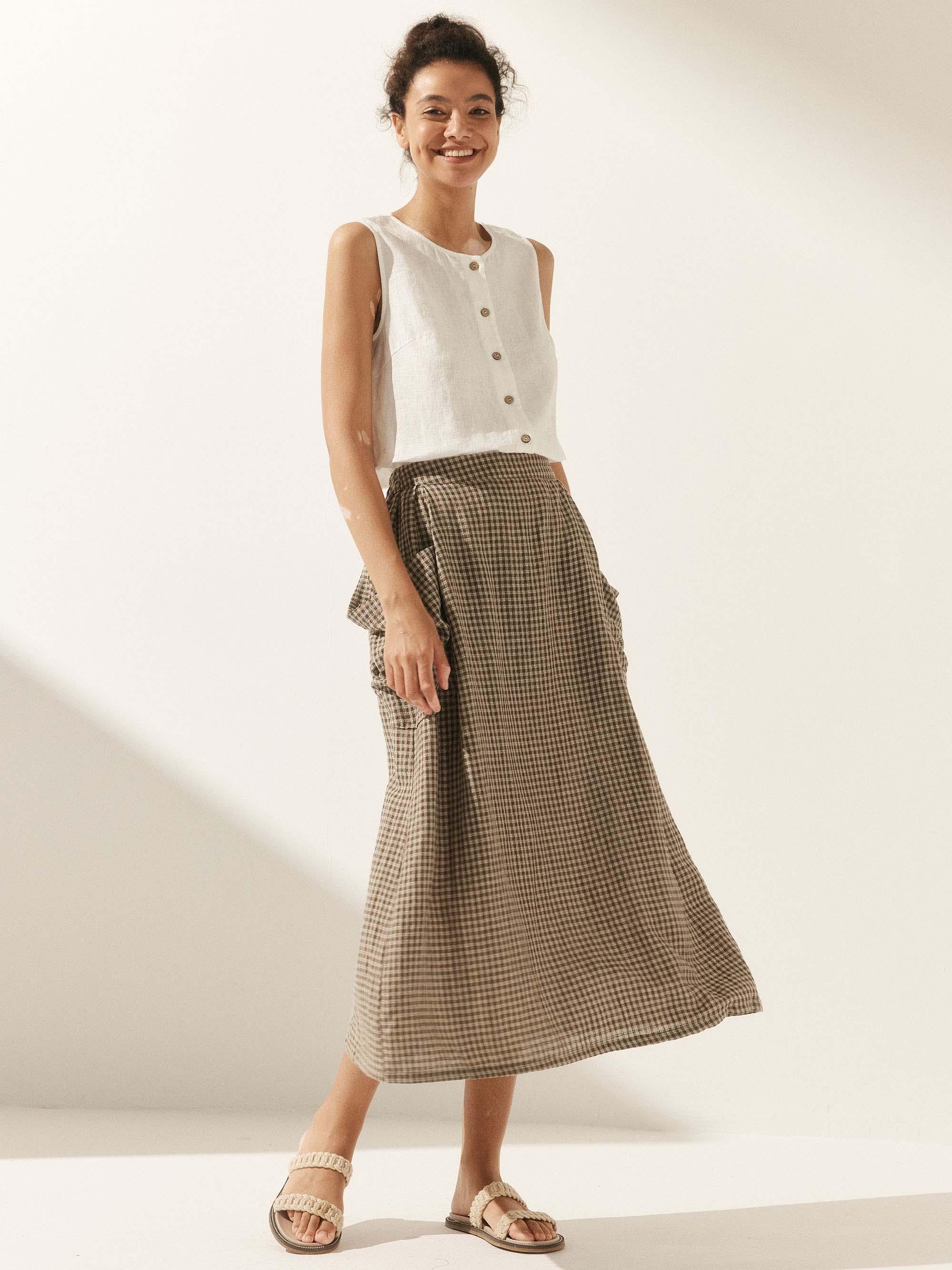 Linen Checked Elastic Waist Skirt MARINA - Image 11