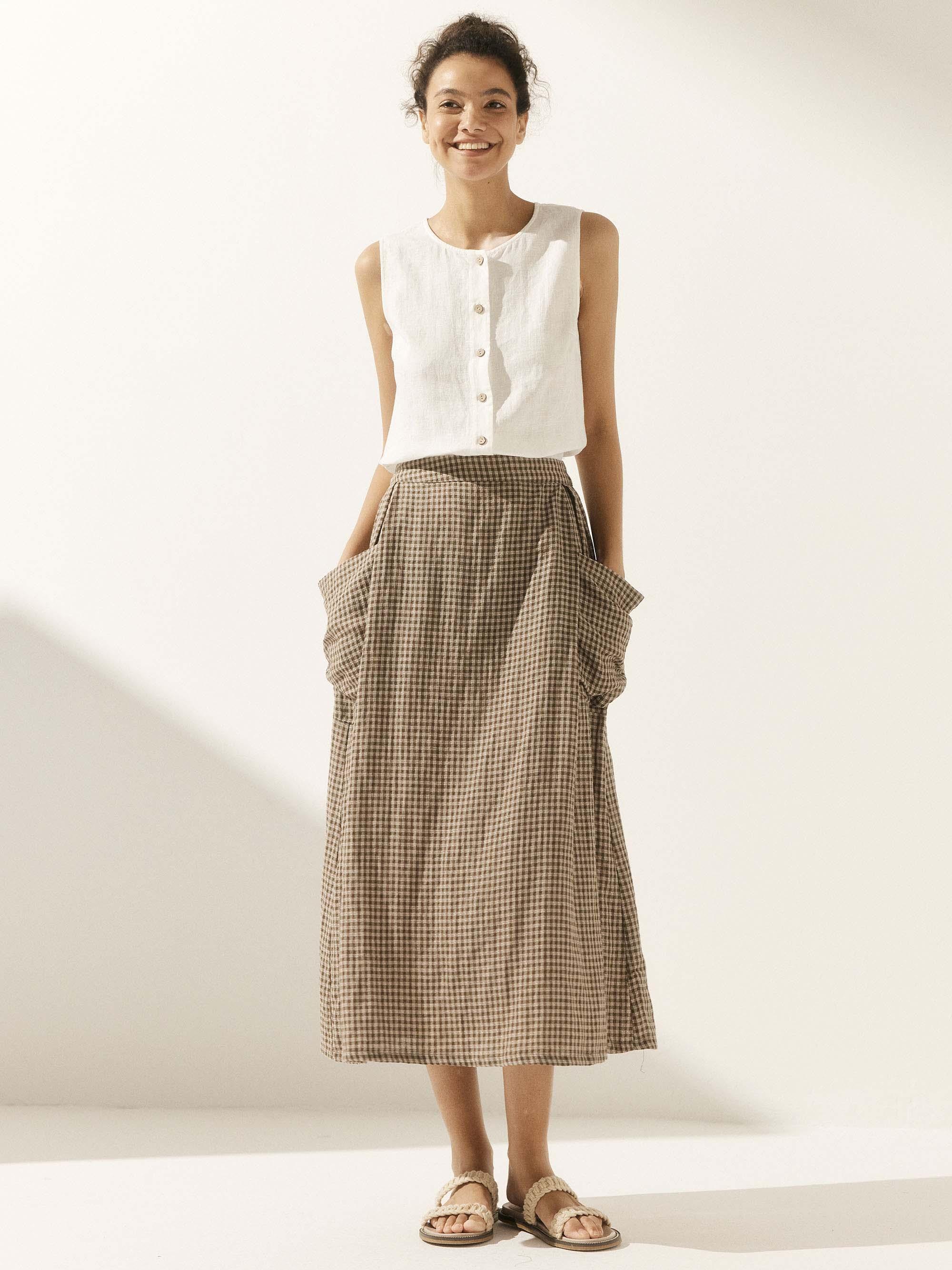 Linen Checked Elastic Waist Skirt MARINA - Image 12