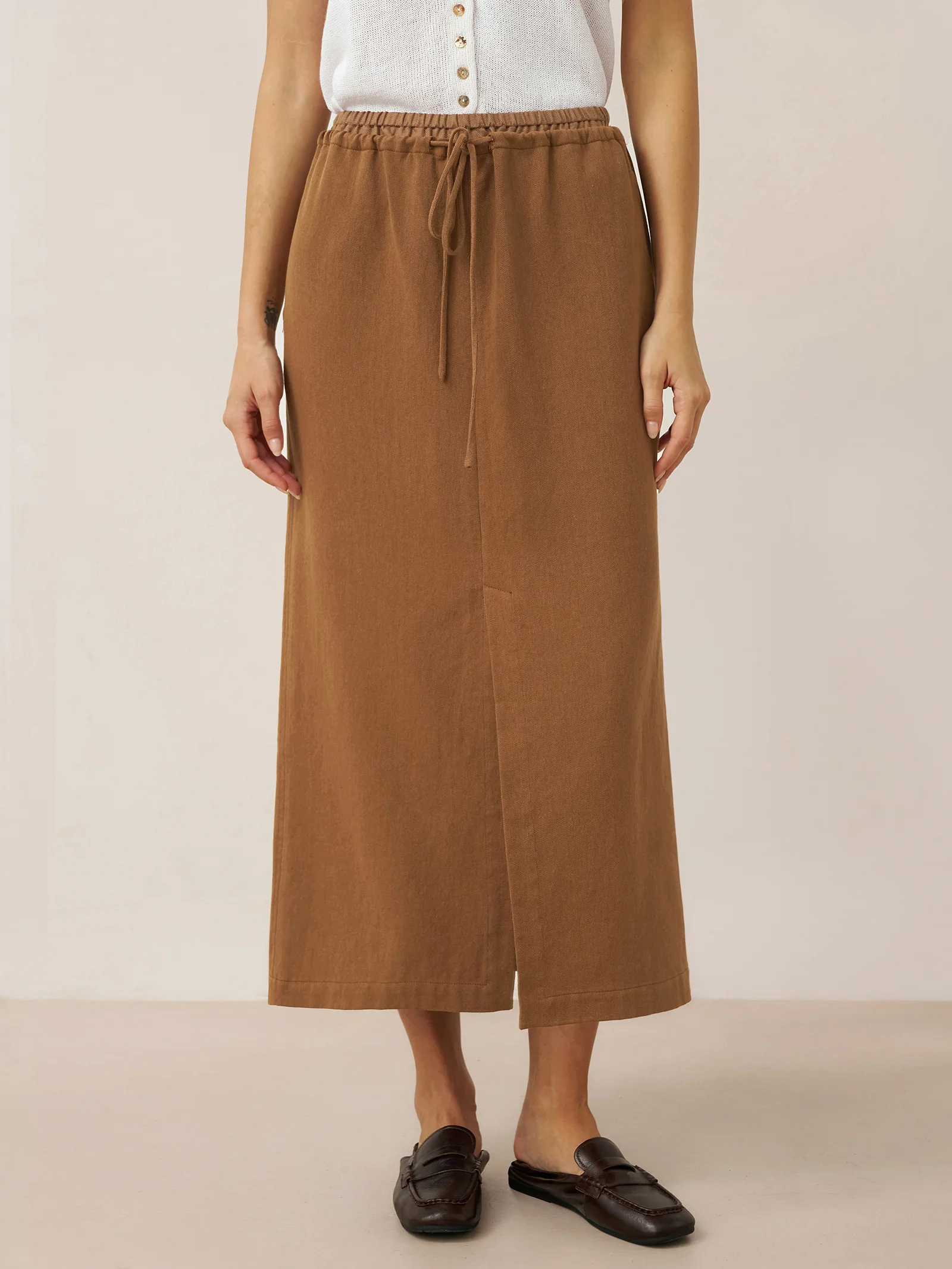 Lyocell Linen Drawstring Split Maxi Skirt SAMANTHA