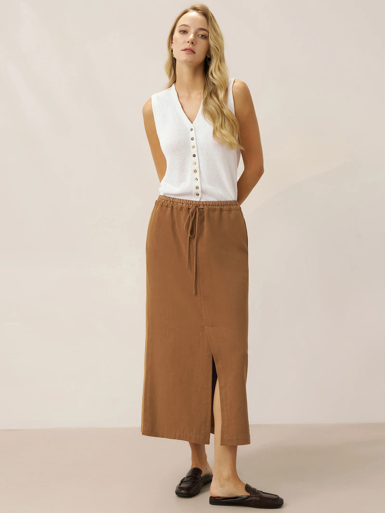 Lyocell Linen Drawstring Split Maxi Skirt SAMANTHA - Image 4
