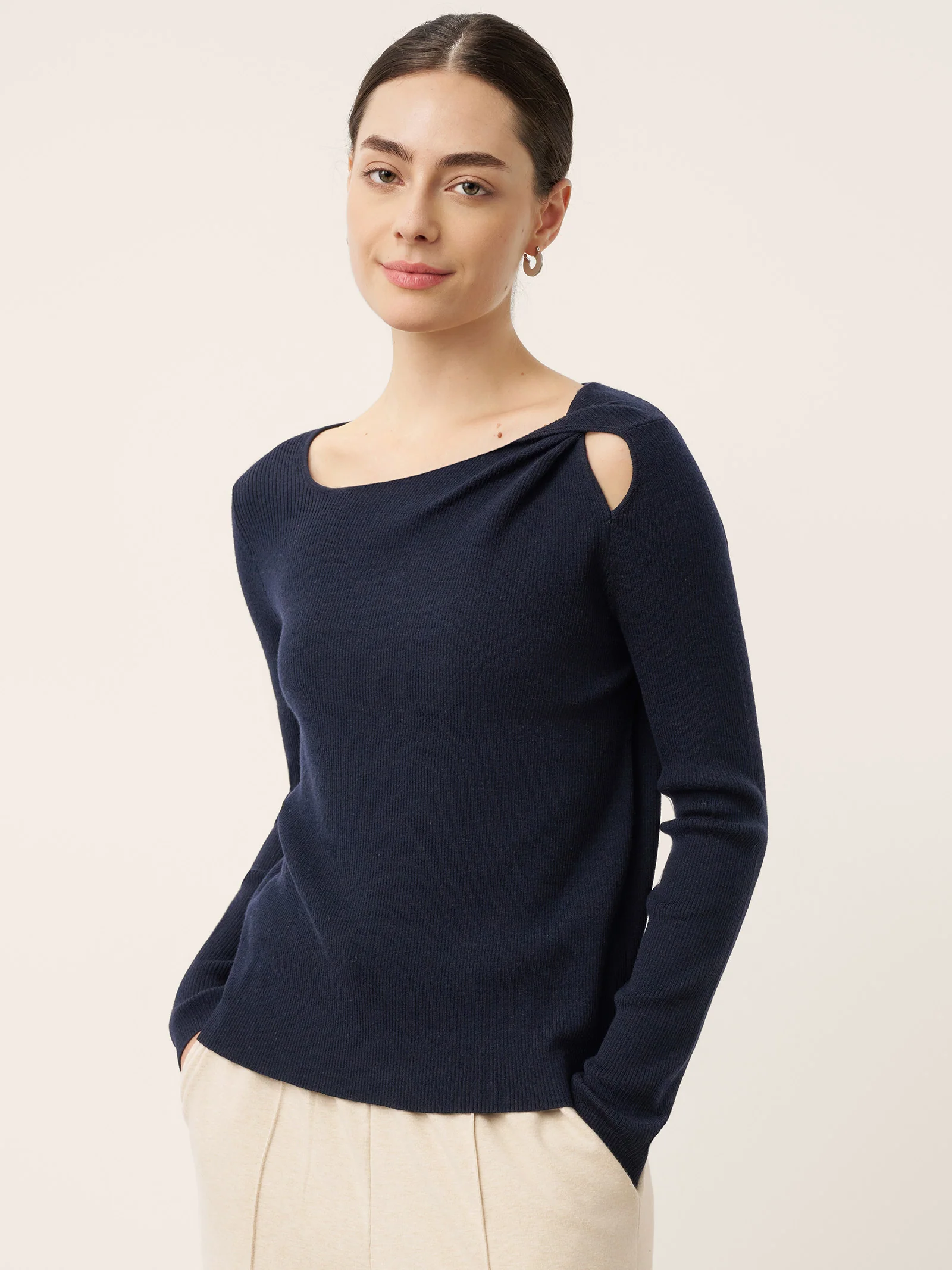 Merino Wool Knot Detail Asymmetric Cutout Top QUINNLEY