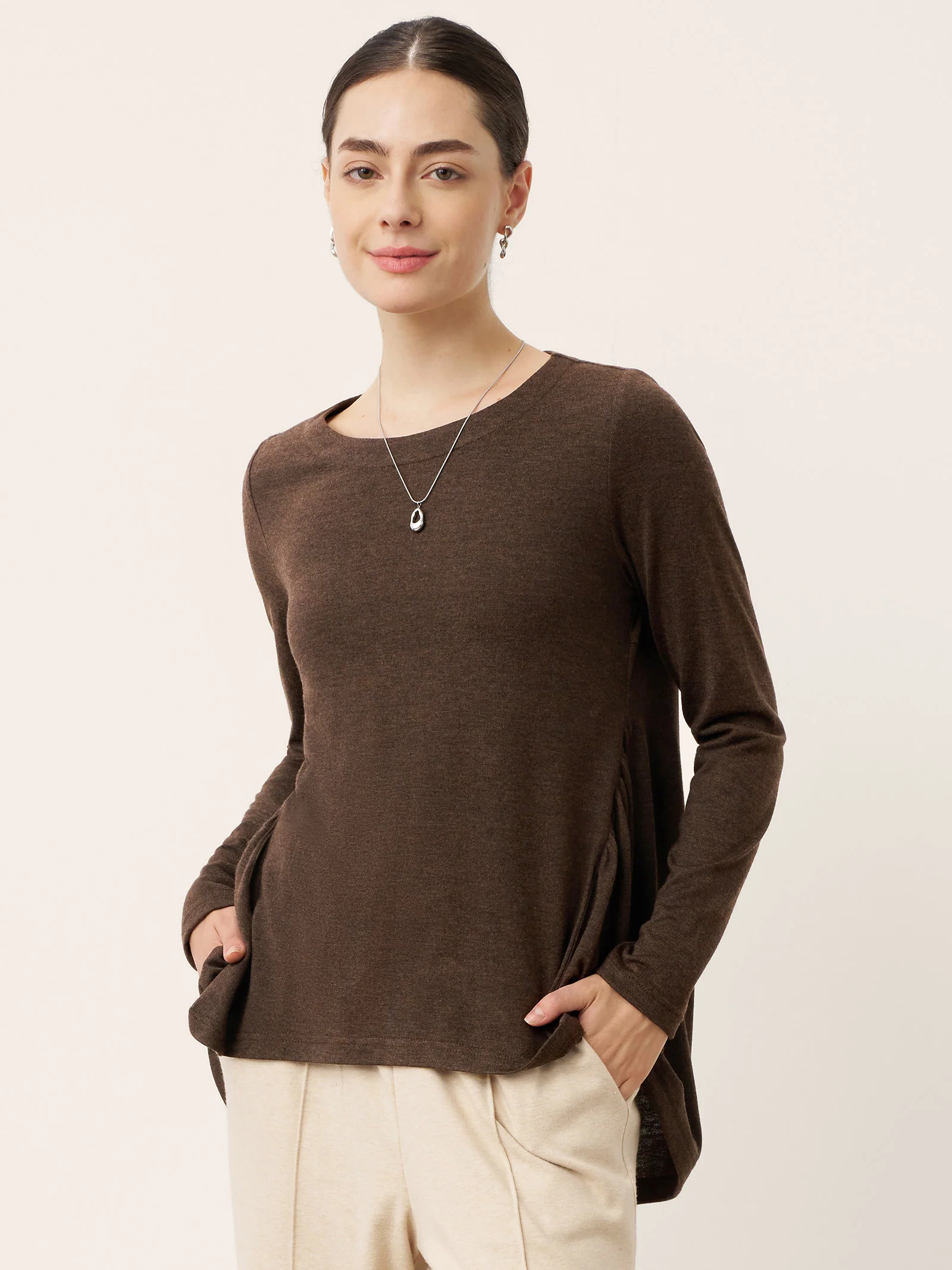 Wool Panelled Ruched Asymmetric Hem Top KALISTA - Image 3