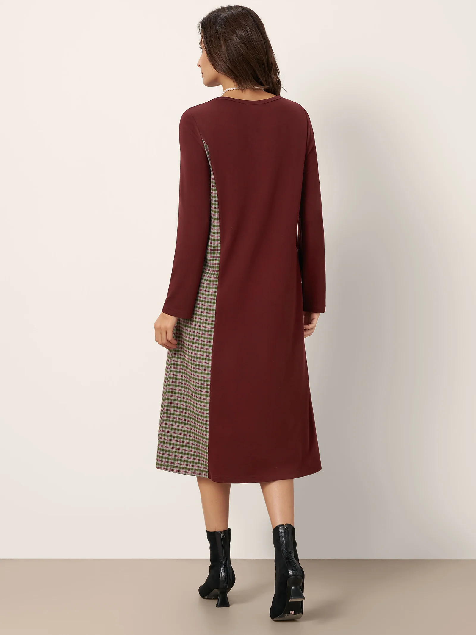 Wool Plaid Panel Midi Dress ALIA - Image 2