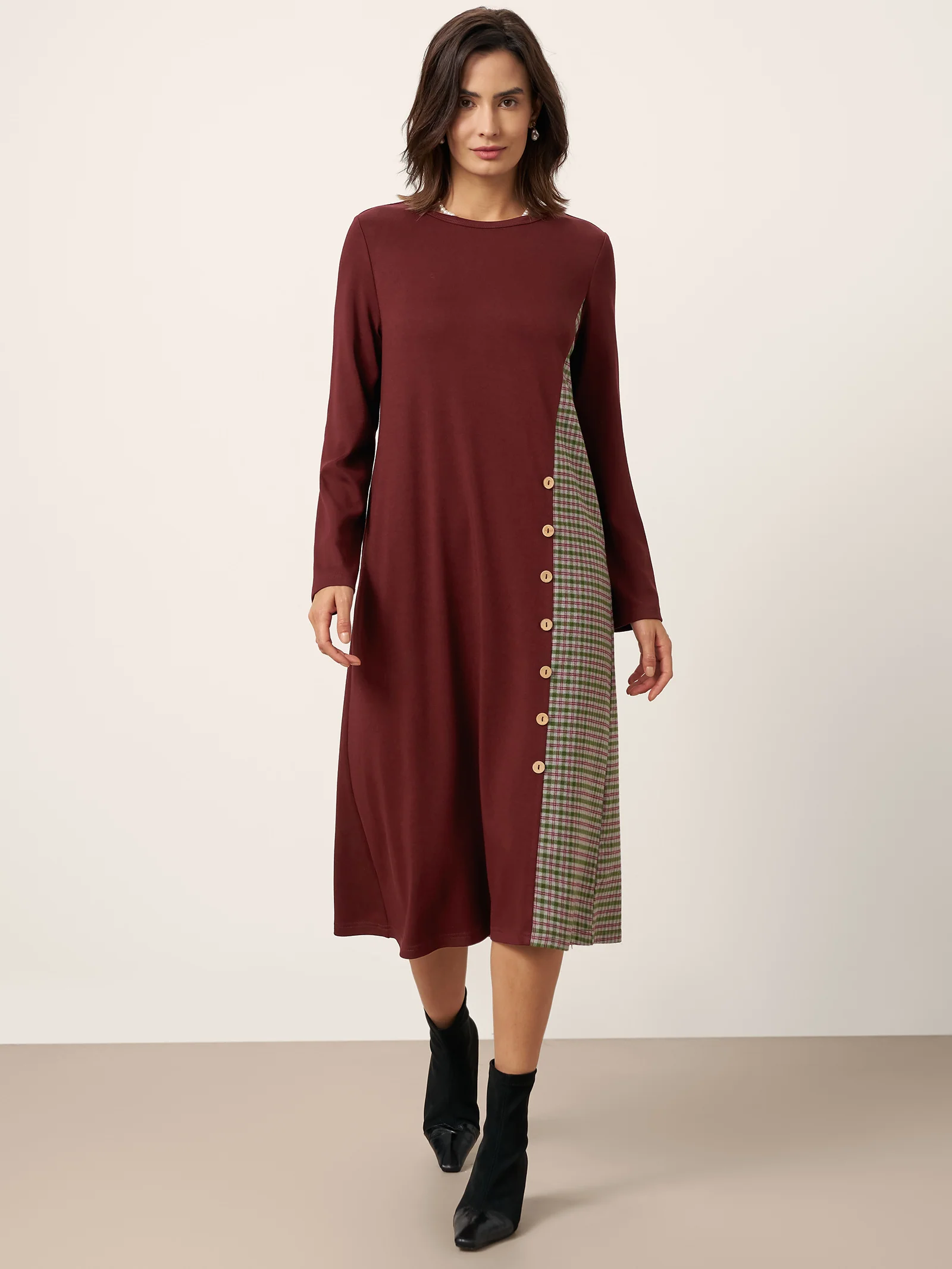 Wool Plaid Panel Midi Dress ALIA - Image 3