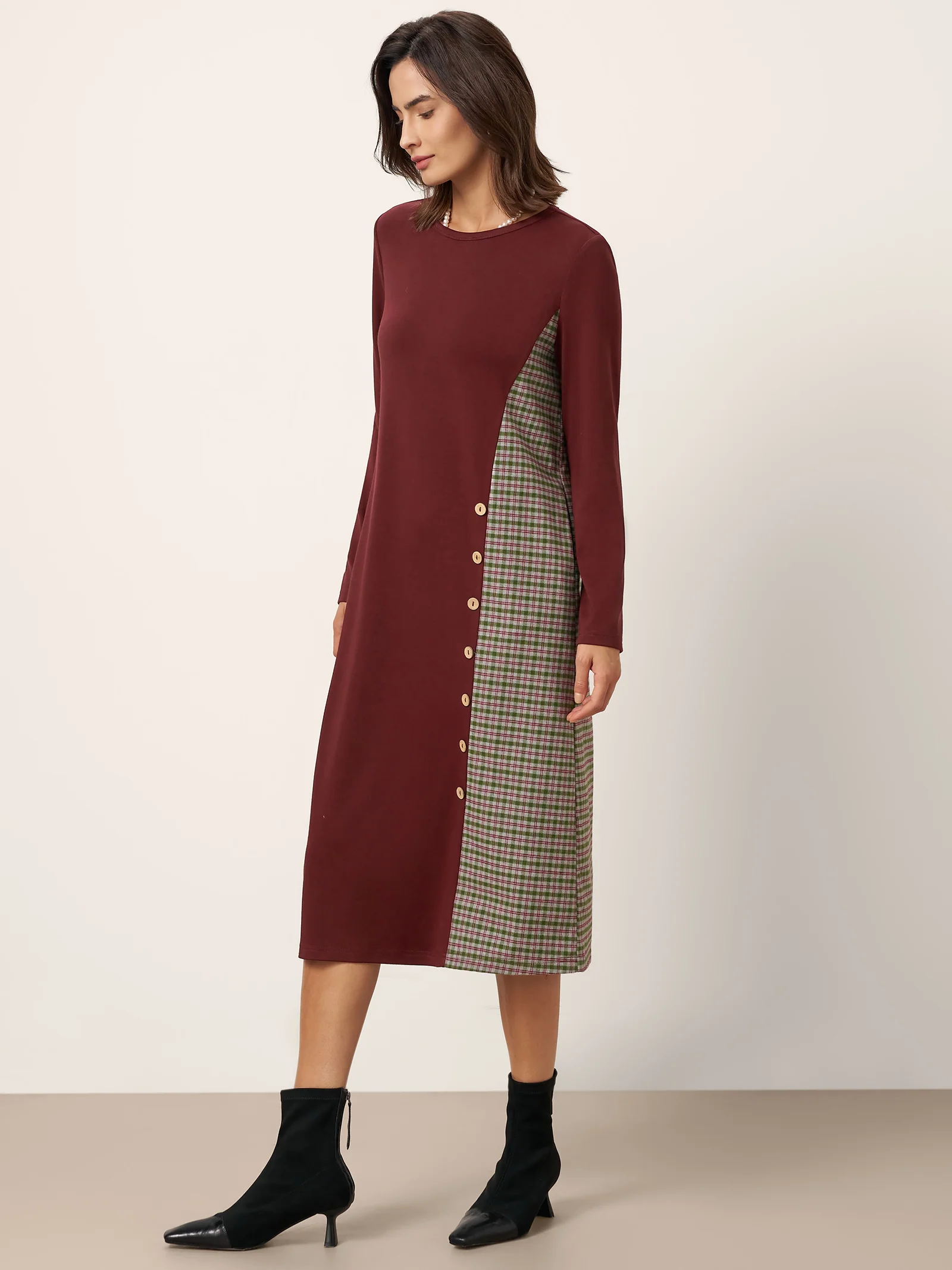 Wool Plaid Panel Midi Dress ALIA - Image 4