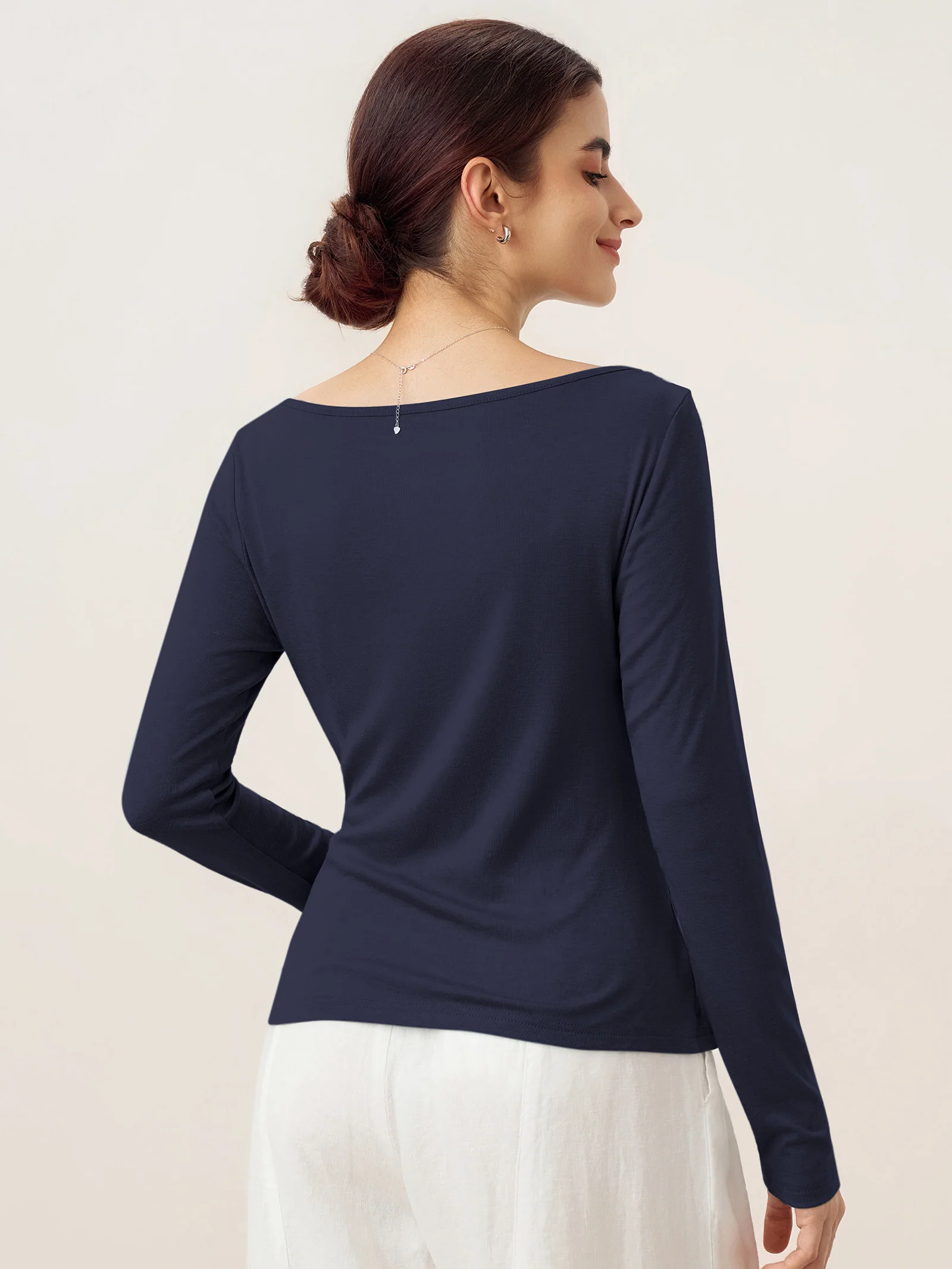Wool Side Ruched Boat Neck Stretch Top VIVIEN - Image 10