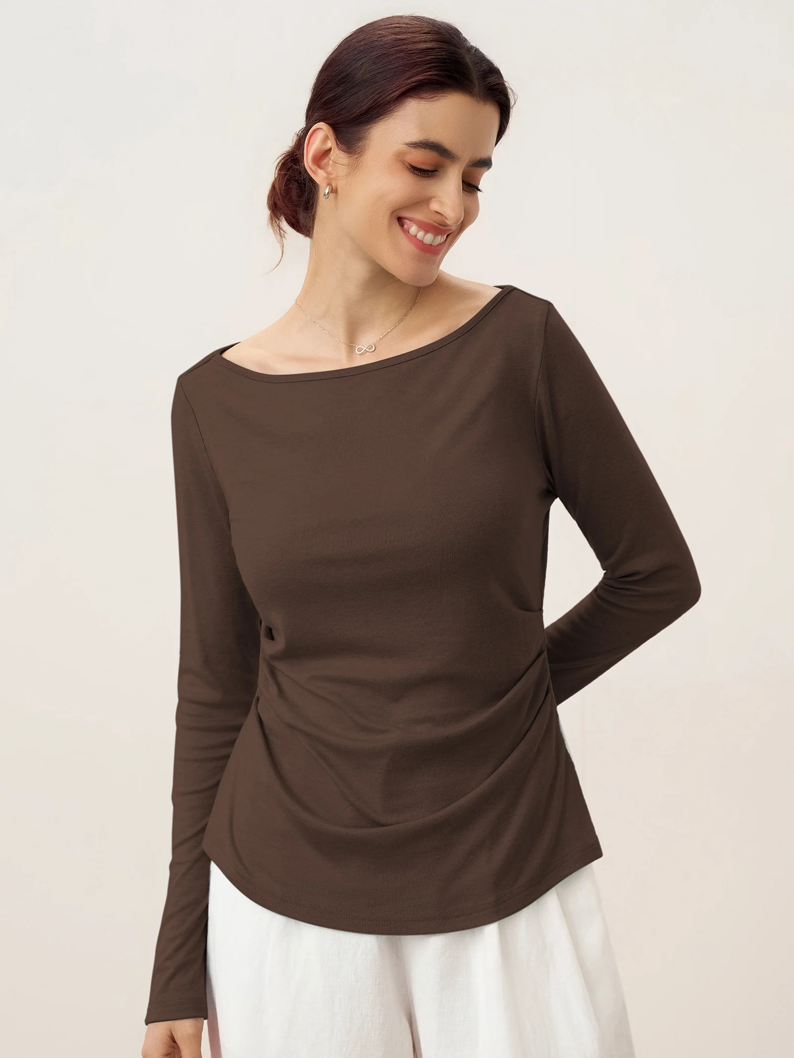 Wool Side Ruched Boat Neck Stretch Top VIVIEN - Image 11