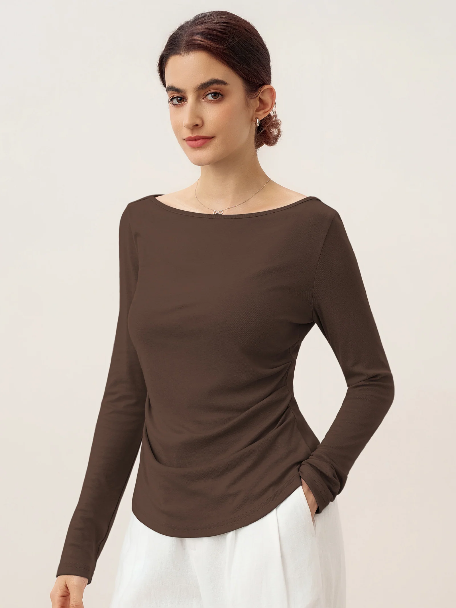 Wool Side Ruched Boat Neck Stretch Top VIVIEN - Image 12