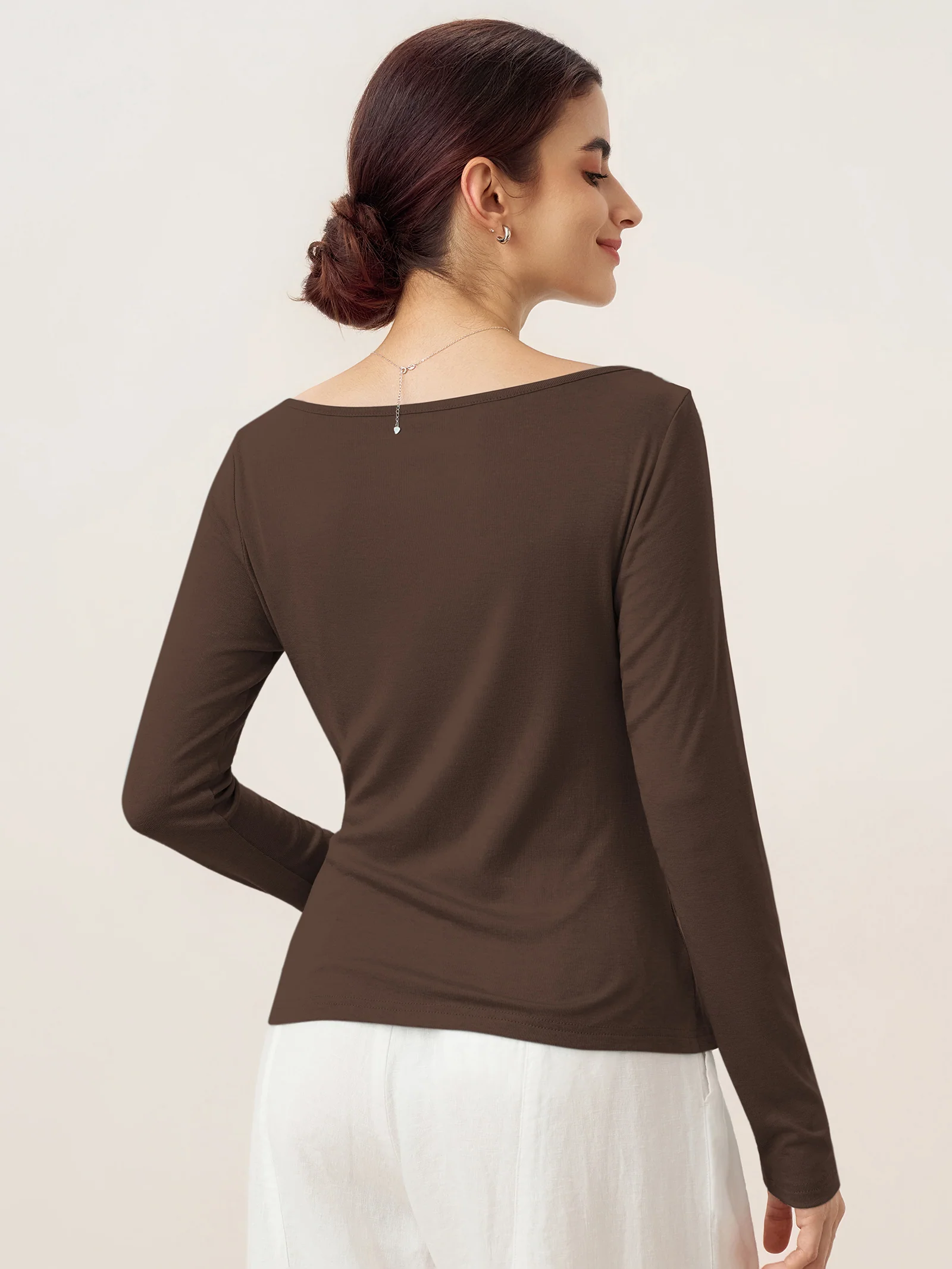 Wool Side Ruched Boat Neck Stretch Top VIVIEN - Image 13