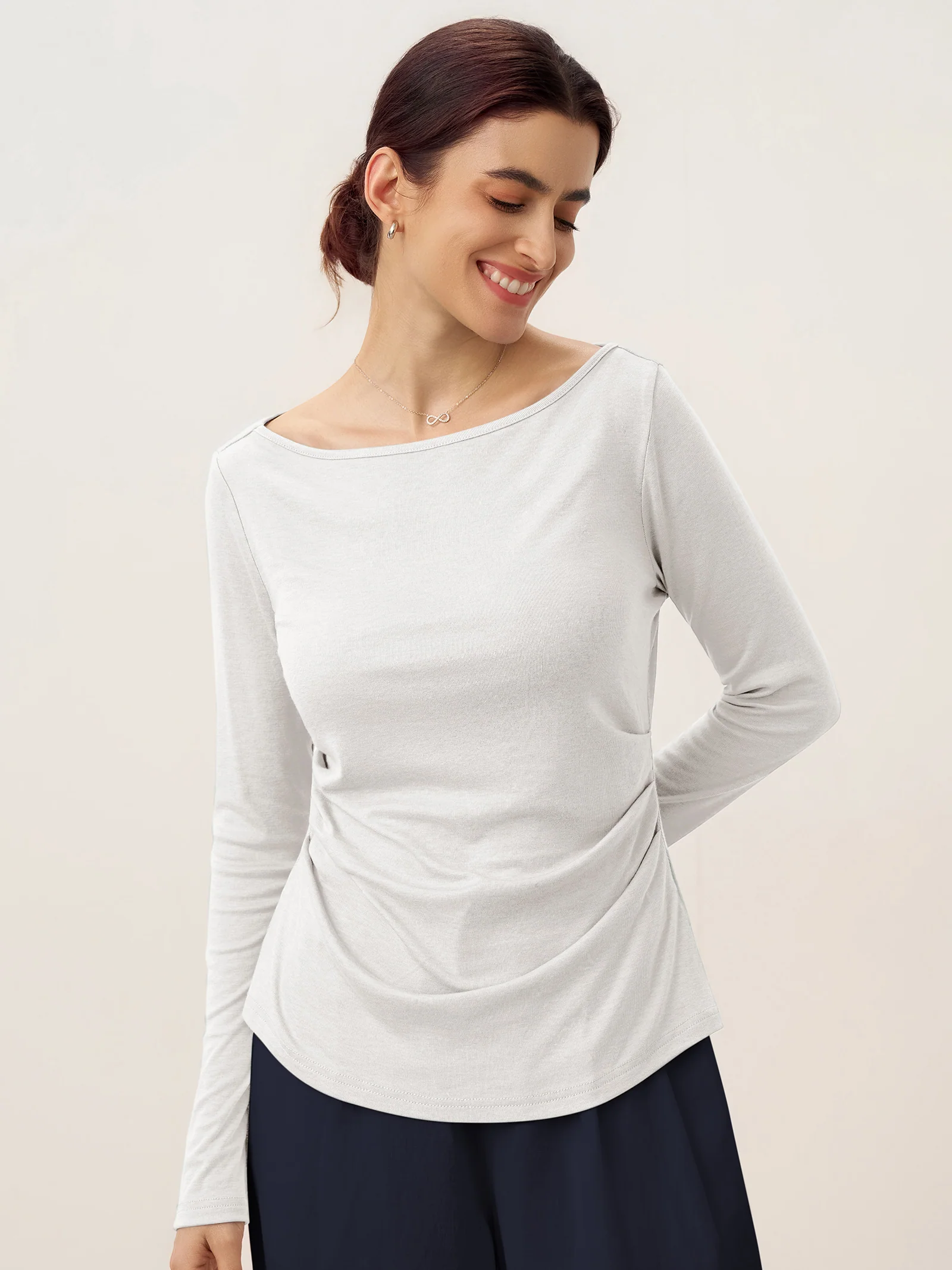Wool Side Ruched Boat Neck Stretch Top VIVIEN - Image 15