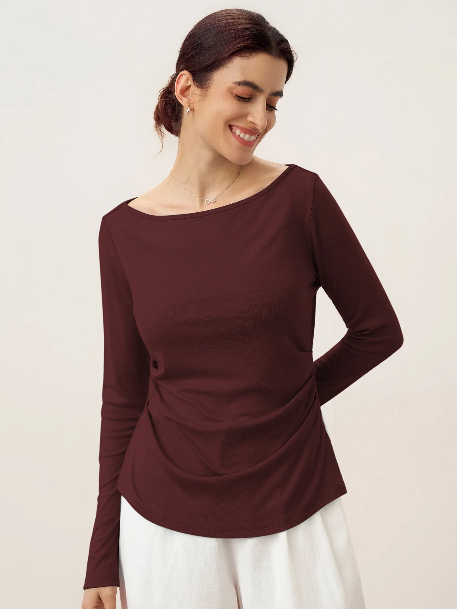 Wool Side Ruched Boat Neck Stretch Top VIVIEN - Image 17