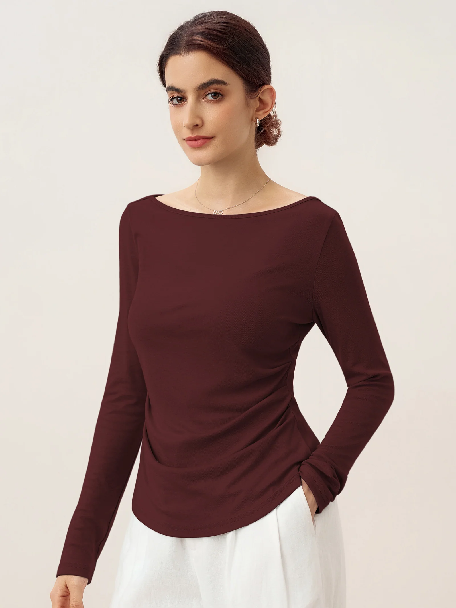 Wool Side Ruched Boat Neck Stretch Top VIVIEN - Image 18