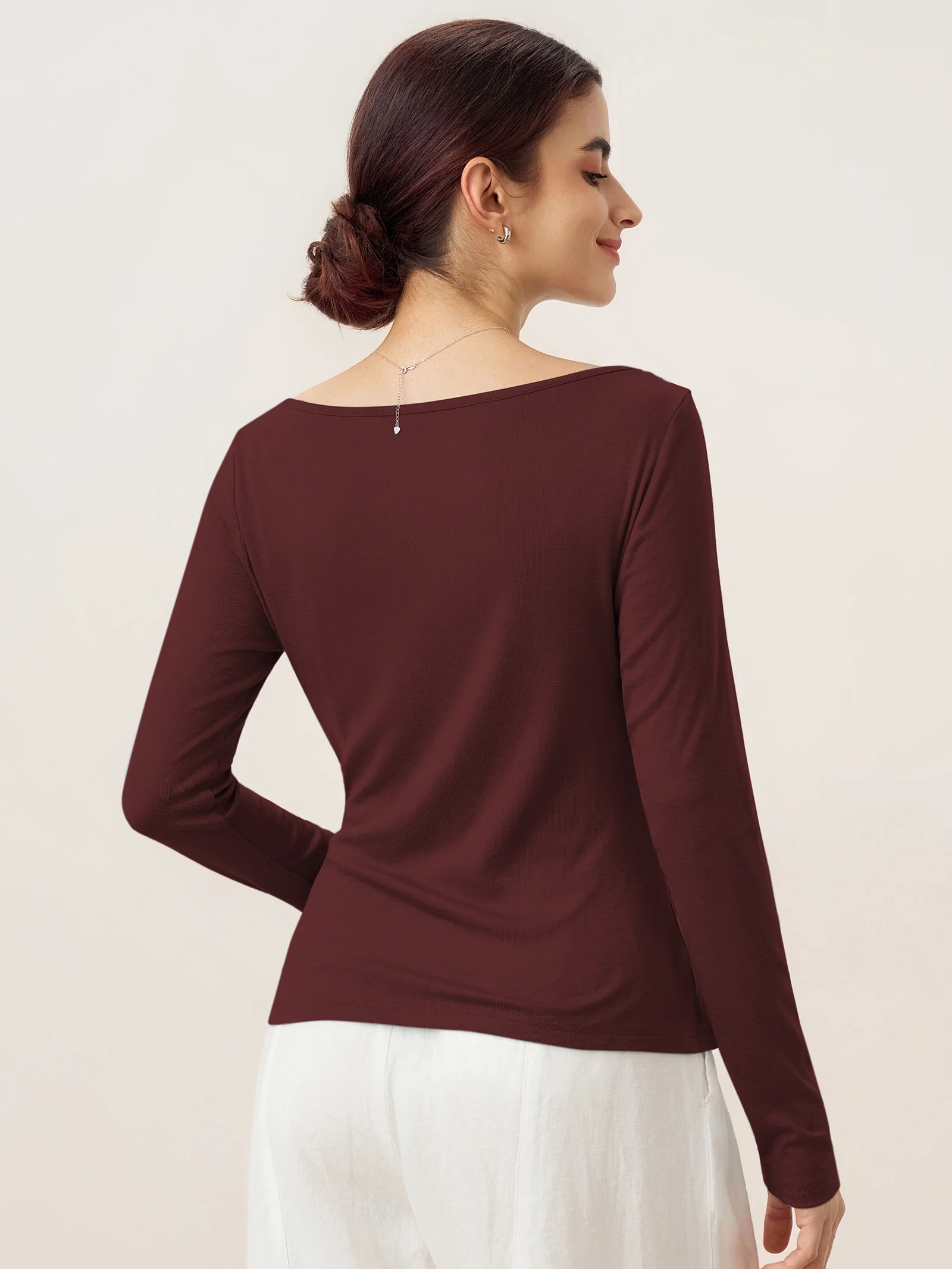Wool Side Ruched Boat Neck Stretch Top VIVIEN - Image 19