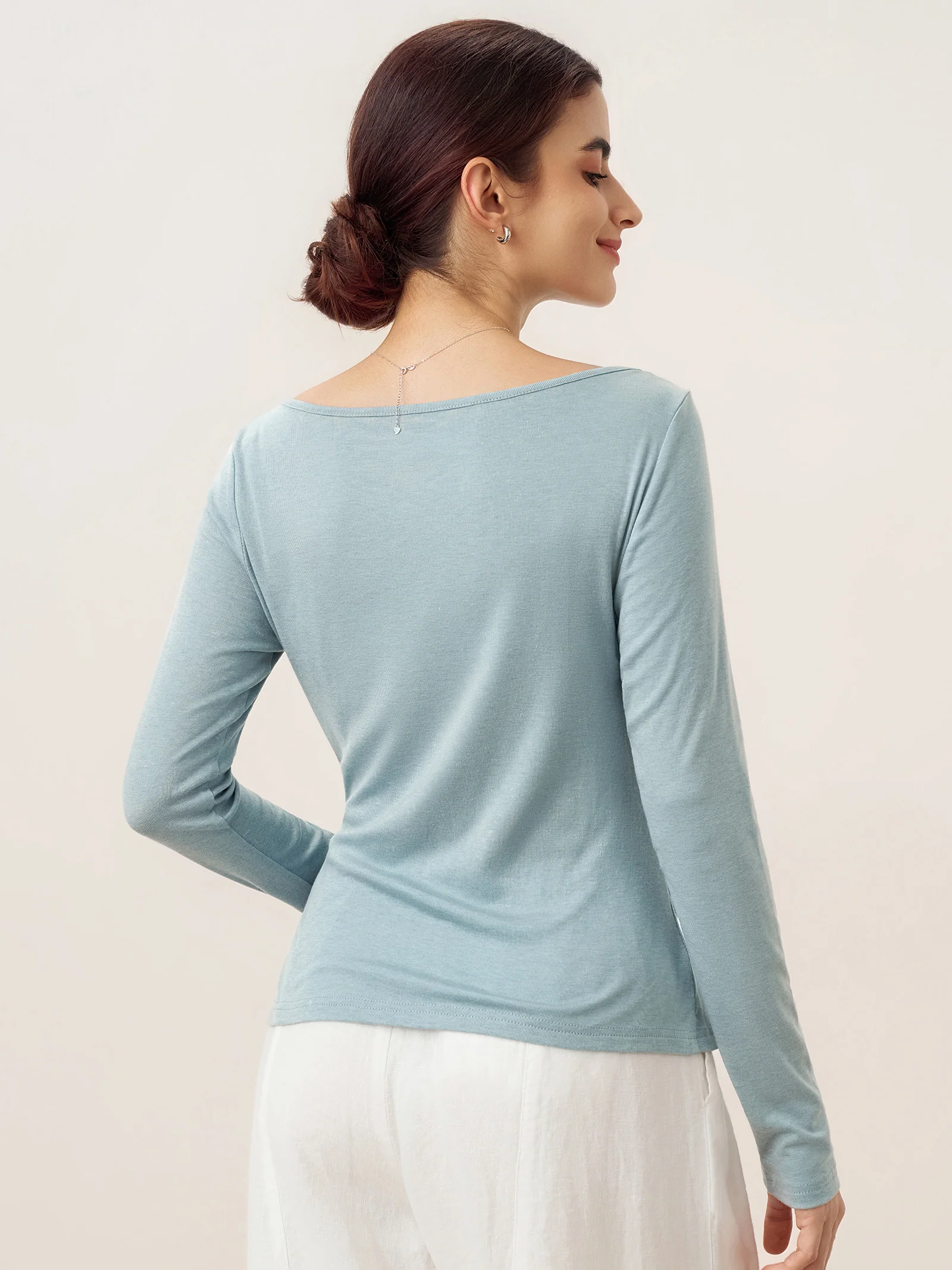 Wool Side Ruched Boat Neck Stretch Top VIVIEN - Image 2