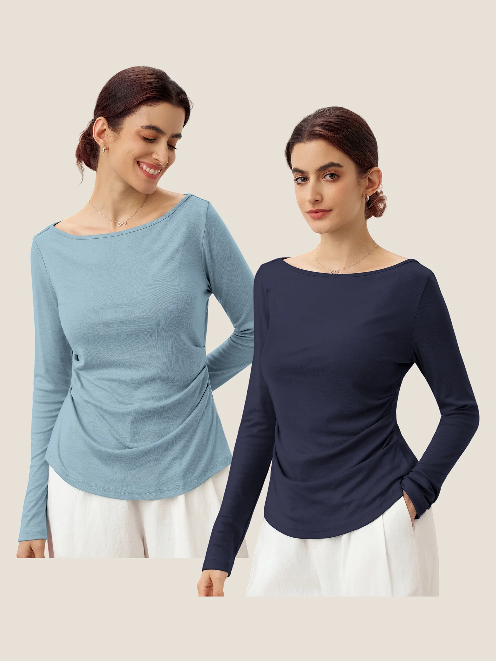 Wool Side Ruched Boat Neck Stretch Top VIVIEN - Image 20
