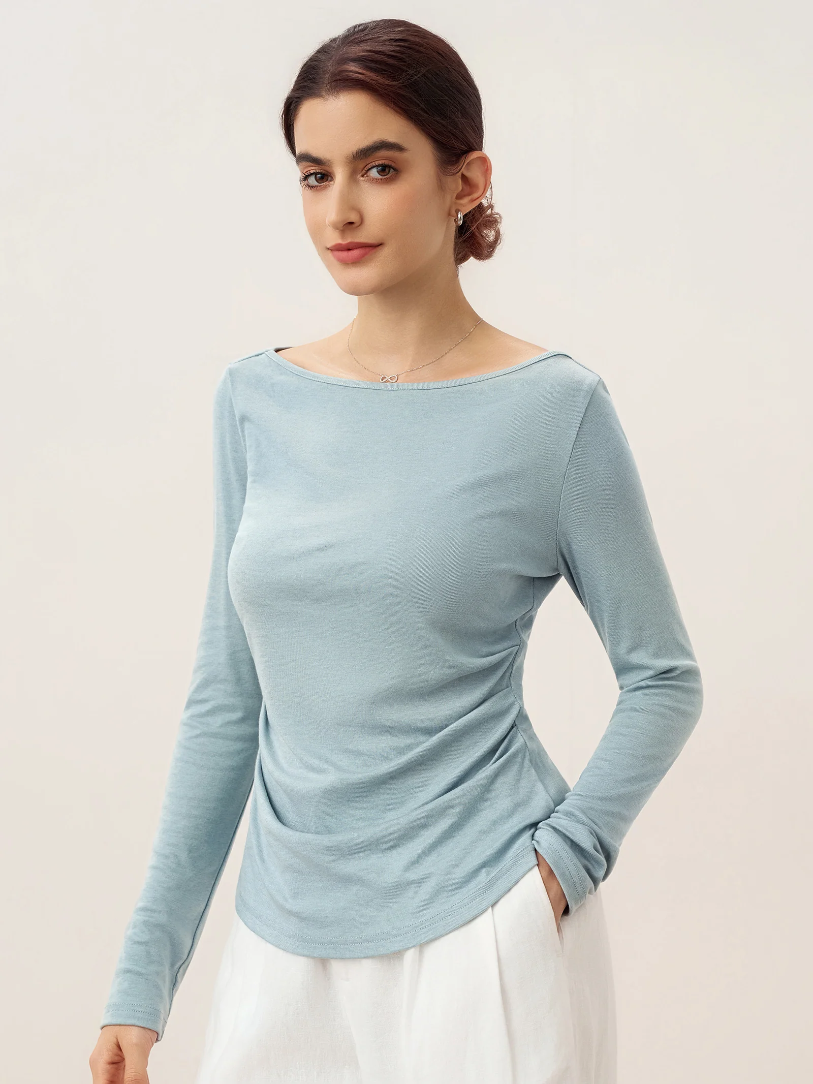Wool Side Ruched Boat Neck Stretch Top VIVIEN - Image 3