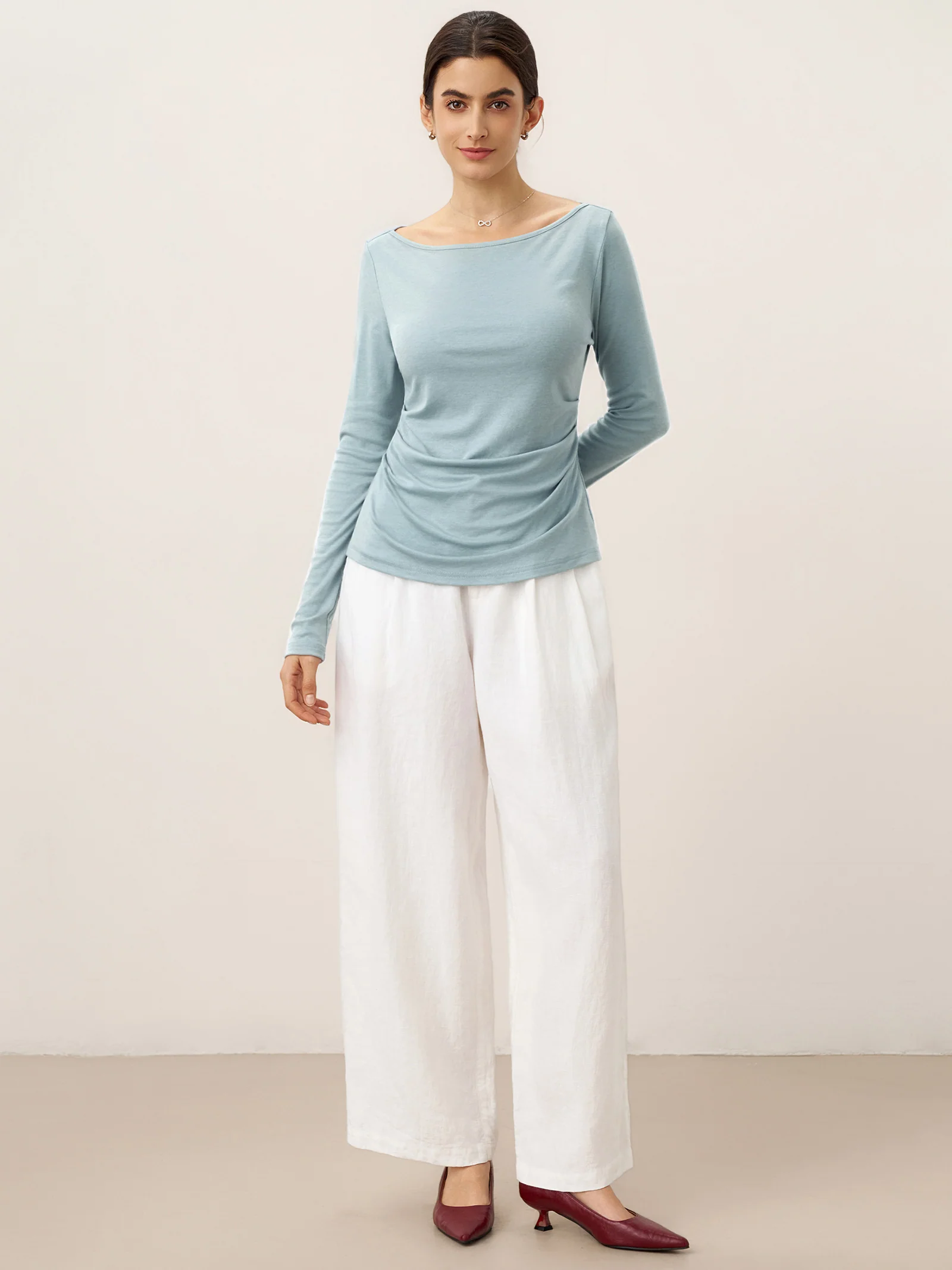 Wool Side Ruched Boat Neck Stretch Top VIVIEN - Image 4