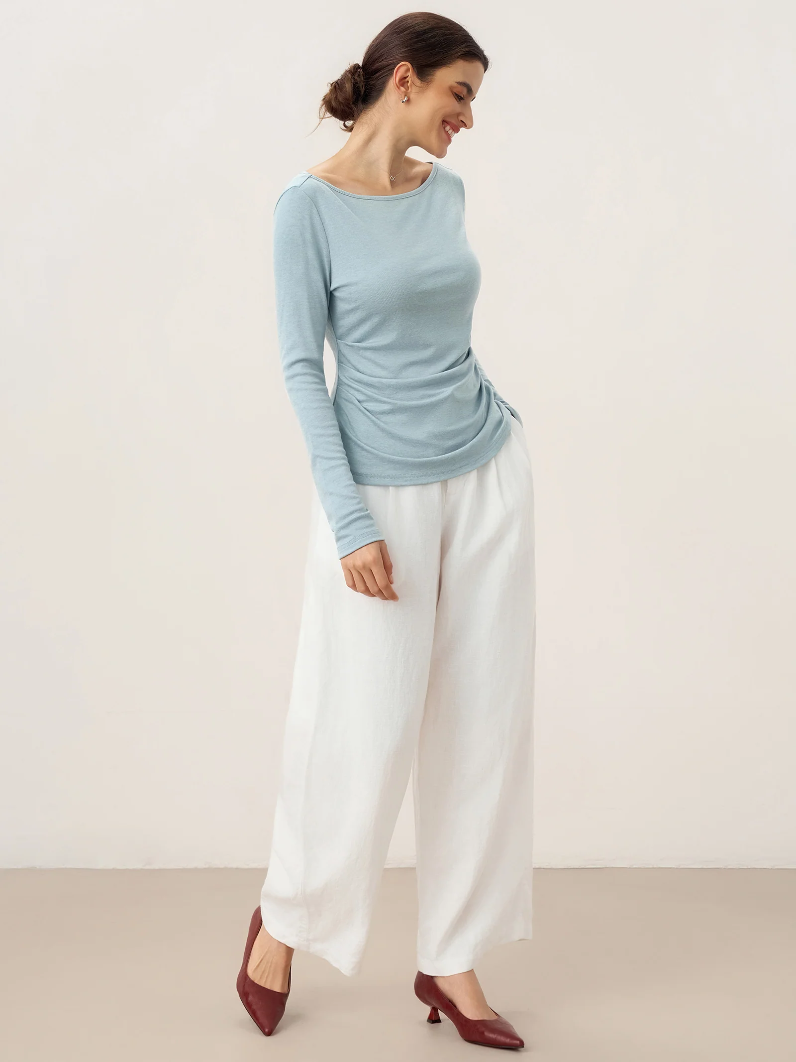 Wool Side Ruched Boat Neck Stretch Top VIVIEN - Image 5