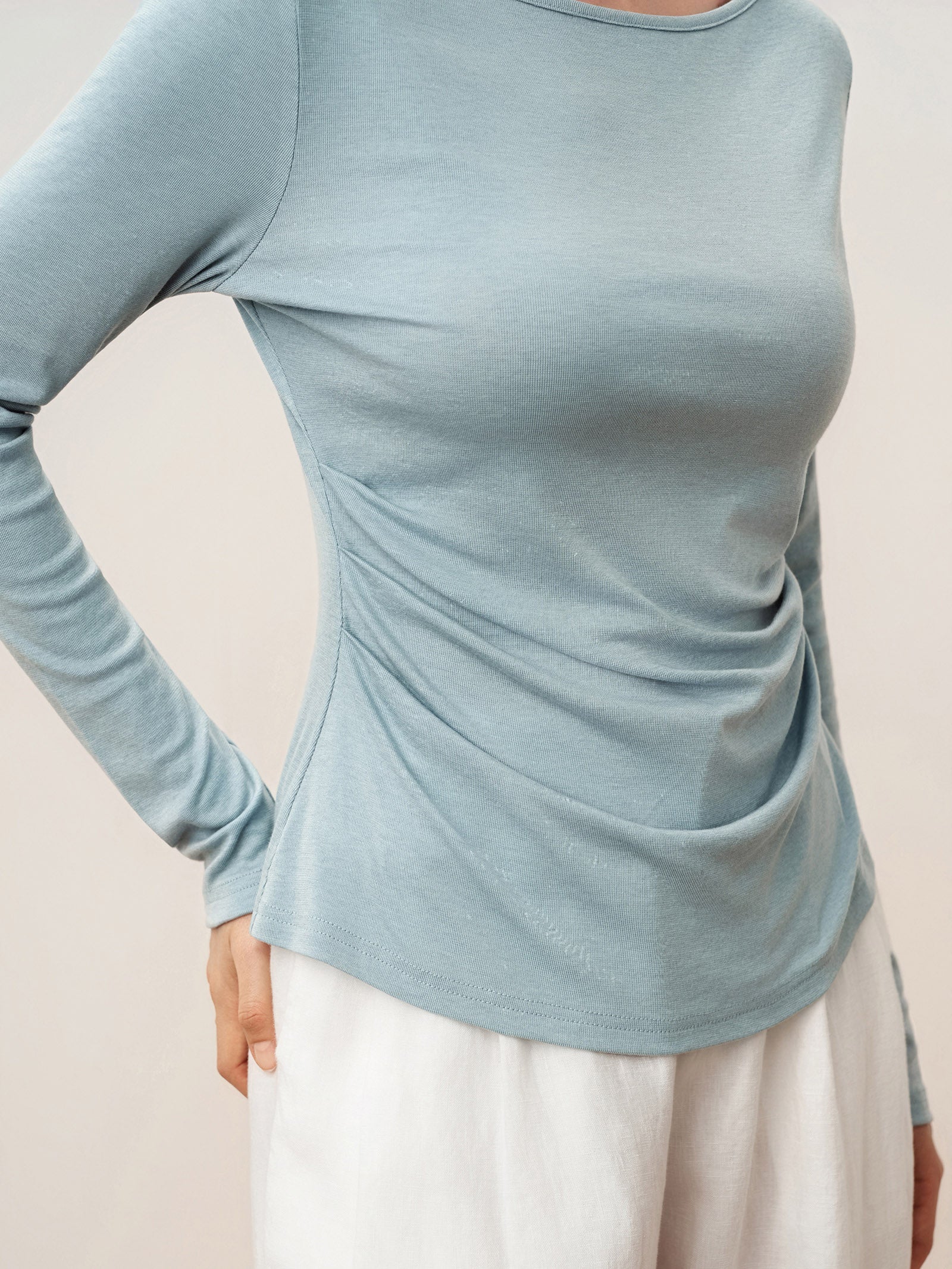 Wool Side Ruched Boat Neck Stretch Top VIVIEN - Image 6
