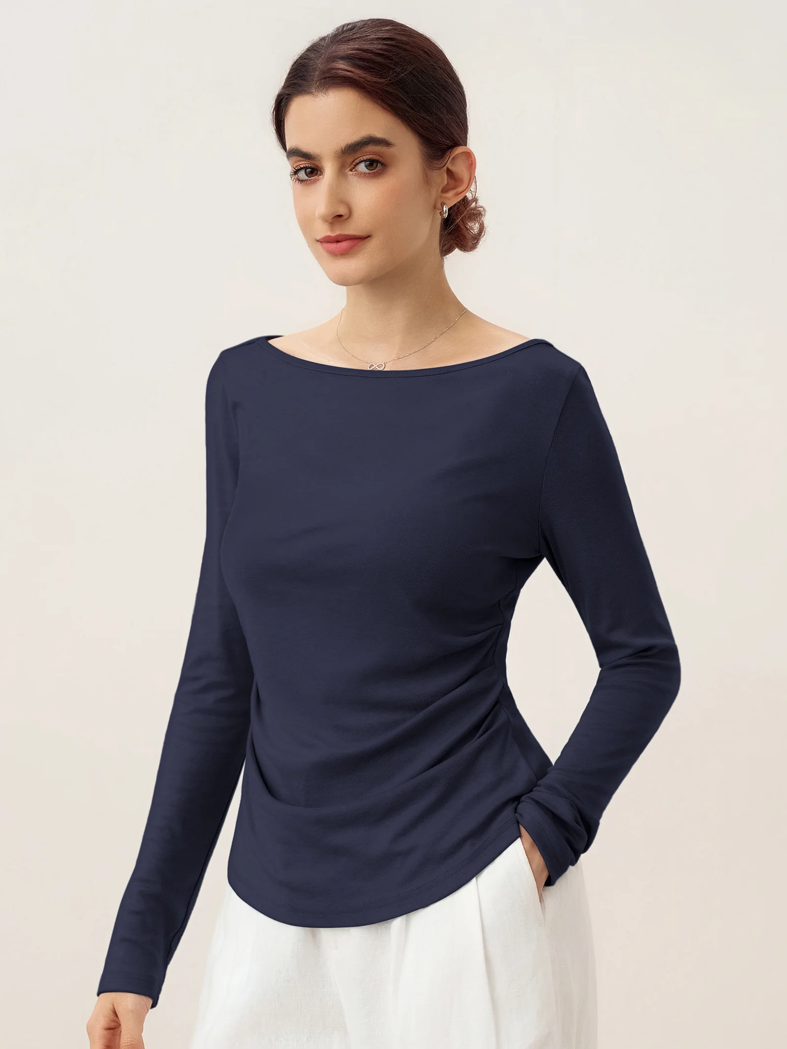 Wool Side Ruched Boat Neck Stretch Top VIVIEN - Image 8